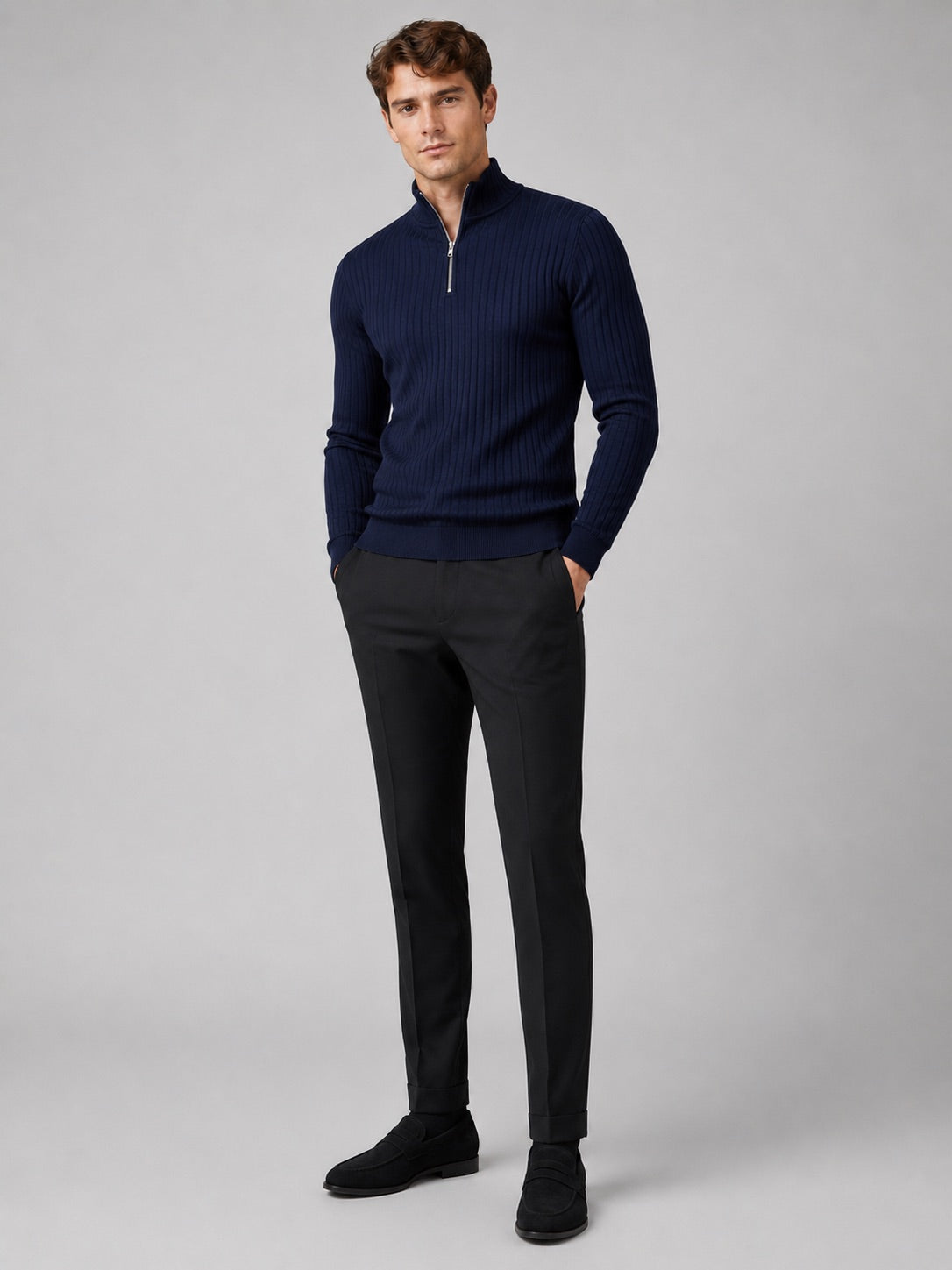Men’s Quarter Zip Jumper Mock Neck Long Sleeve Knit Autumn Winter Pullover for Business Casual and Everyday Wear