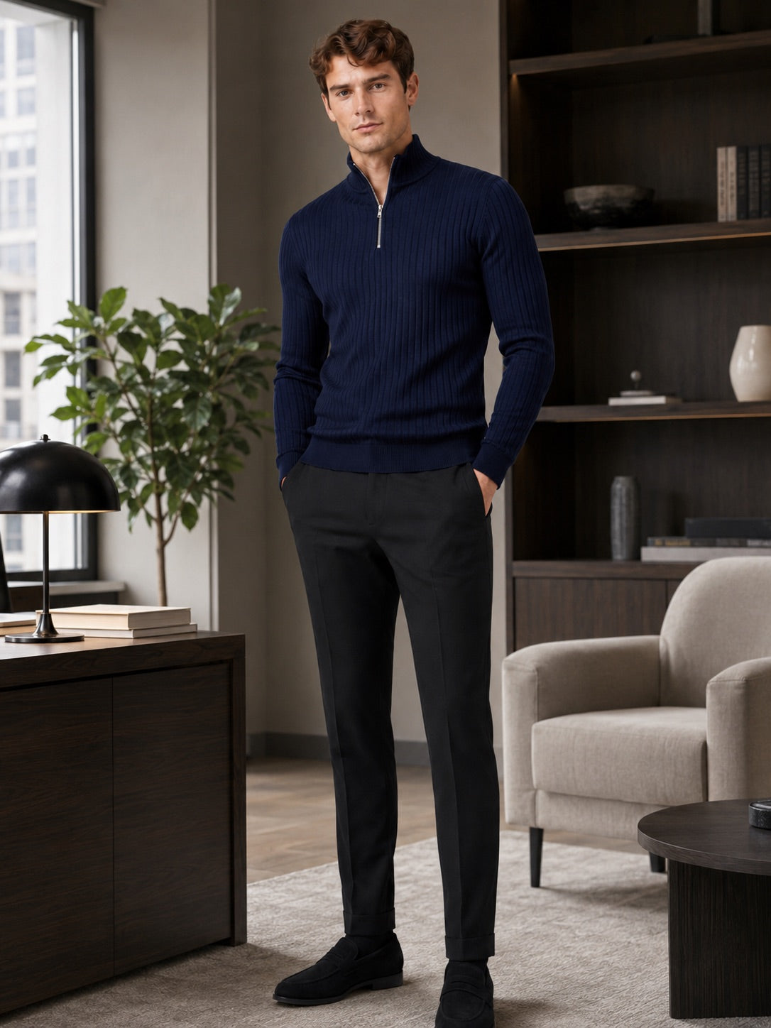 Men’s Quarter Zip Jumper Mock Neck Long Sleeve Knit Autumn Winter Pullover for Business Casual and Everyday Wear