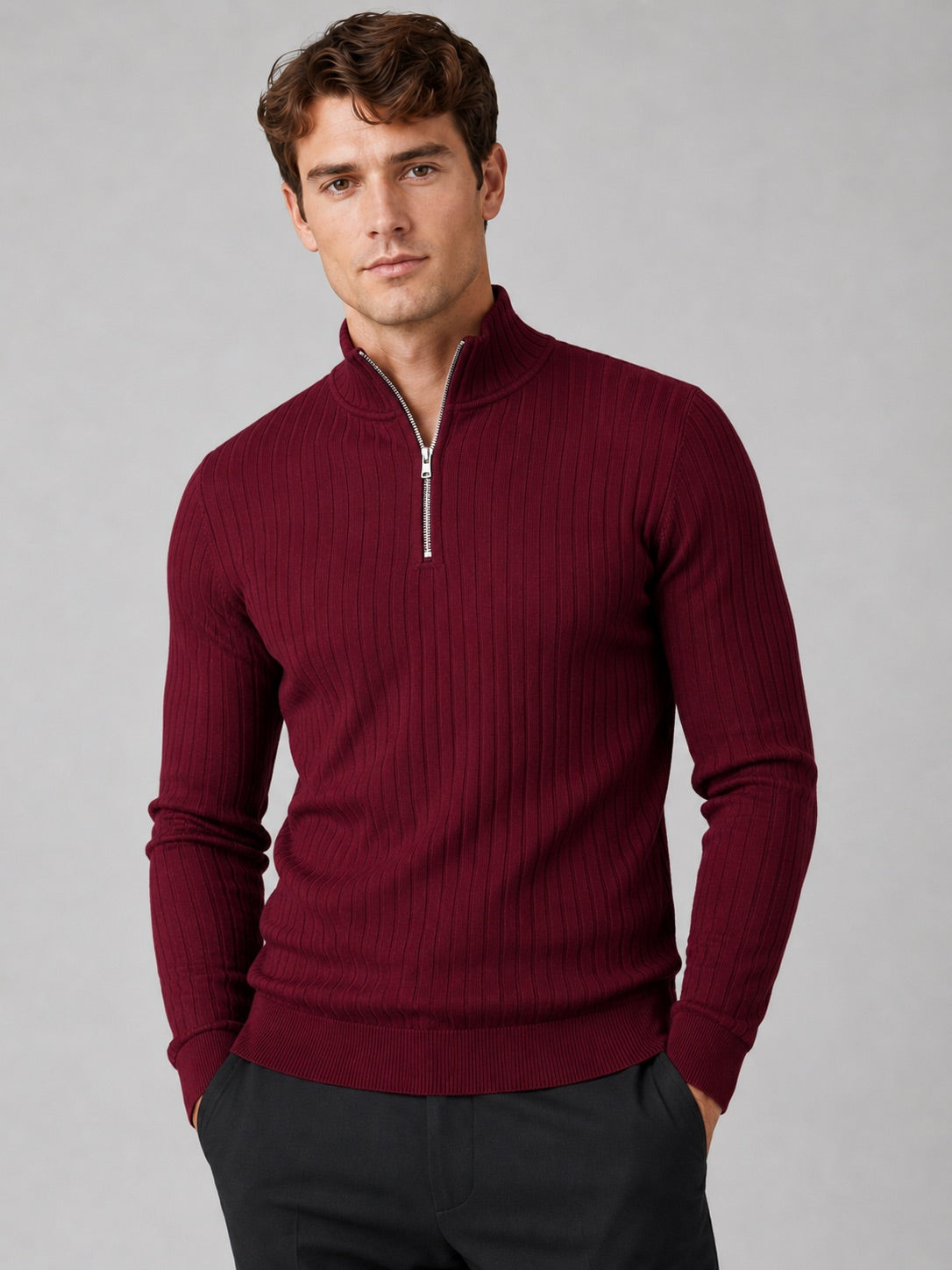 Men’s Quarter Zip Jumper Mock Neck Long Sleeve Knit Autumn Winter Pullover for Business Casual and Everyday Wear