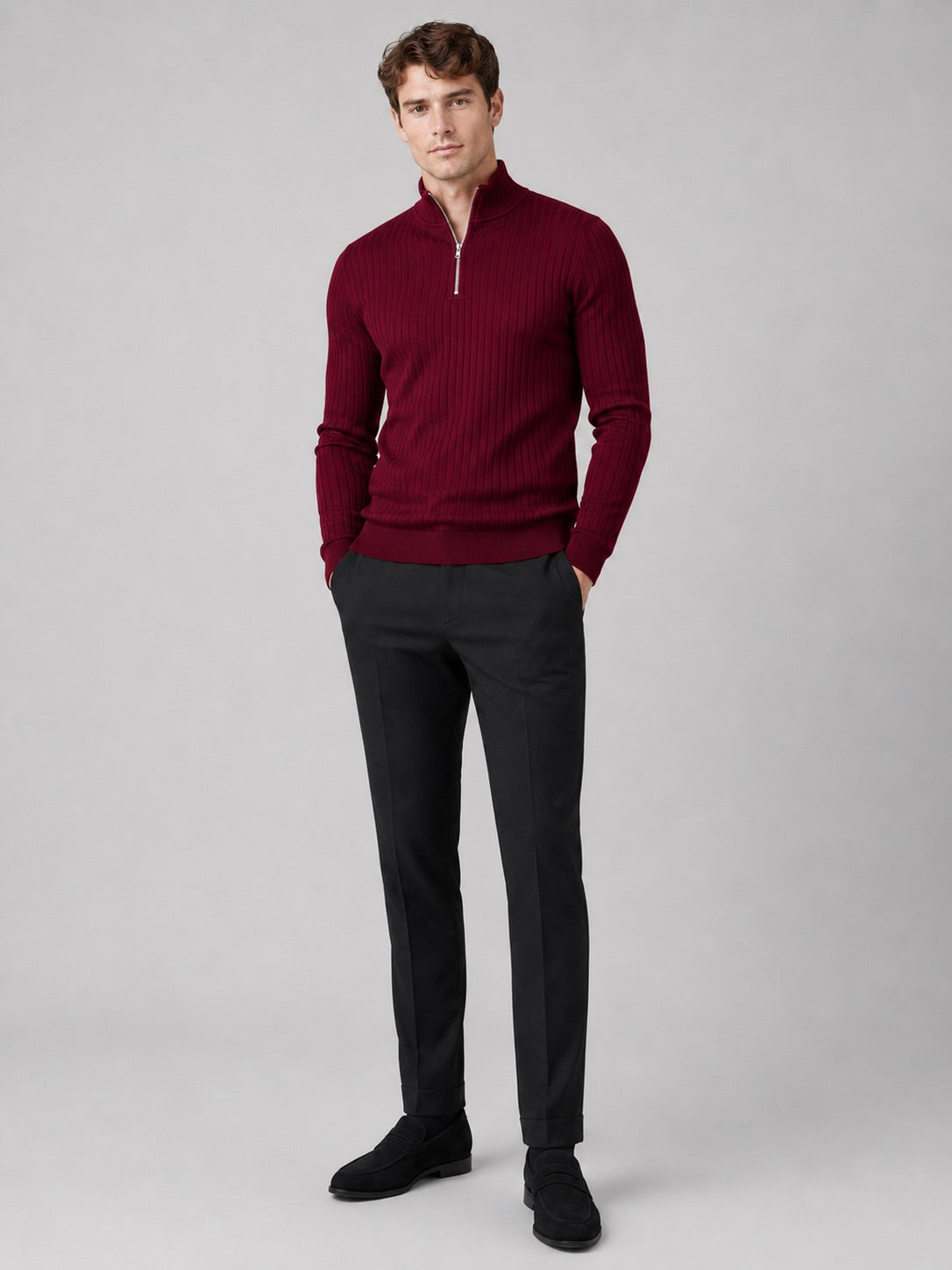Men’s Quarter Zip Jumper Mock Neck Long Sleeve Knit Autumn Winter Pullover for Business Casual and Everyday Wear