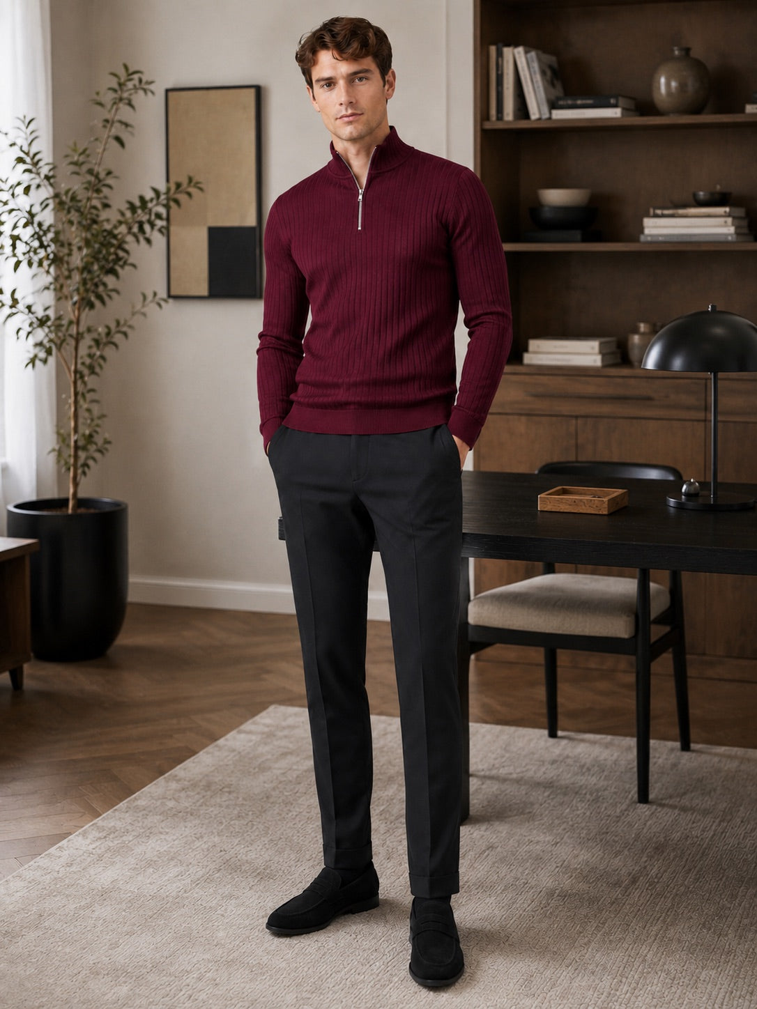 Men’s Quarter Zip Jumper Mock Neck Long Sleeve Knit Autumn Winter Pullover for Business Casual and Everyday Wear