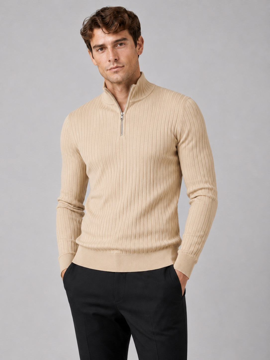 Men’s Quarter Zip Jumper Mock Neck Long Sleeve Knit Autumn Winter Pullover for Business Casual and Everyday Wear