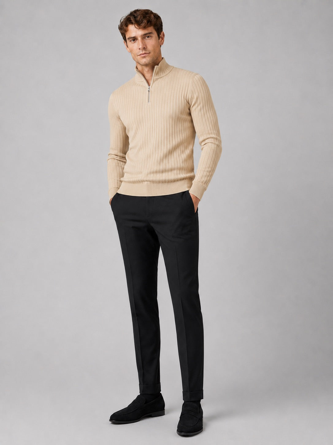 Men’s Quarter Zip Jumper Mock Neck Long Sleeve Knit Autumn Winter Pullover for Business Casual and Everyday Wear