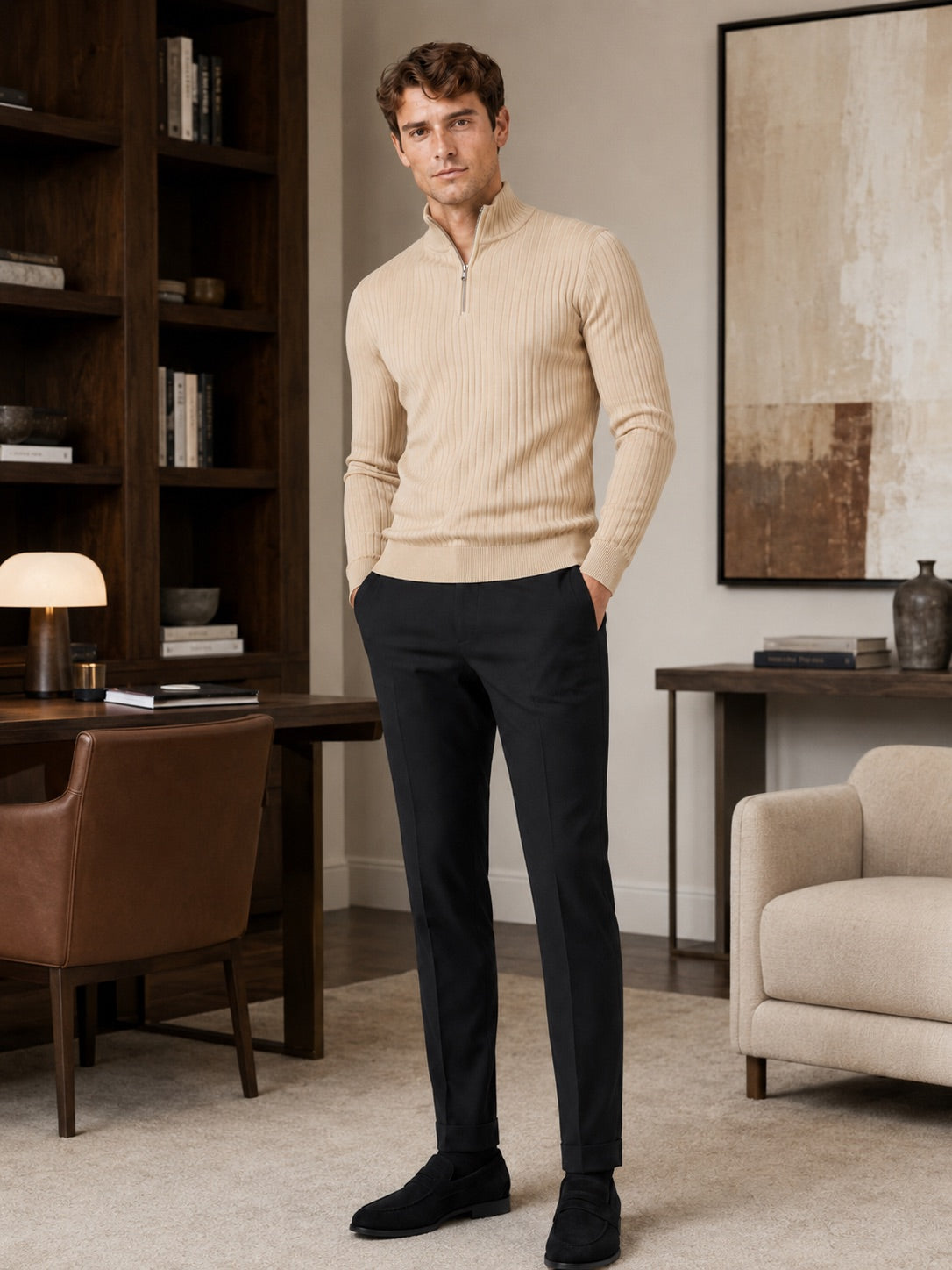 Men’s Quarter Zip Jumper Mock Neck Long Sleeve Knit Autumn Winter Pullover for Business Casual and Everyday Wear