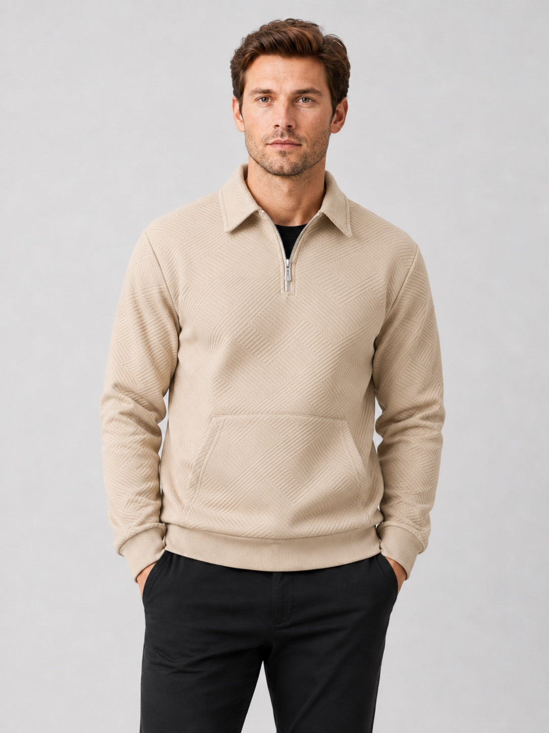 Men’s Quarter Zip Jumper Long Sleeve Solid Colour Autumn Pullover for Outdoor and Everyday Wear