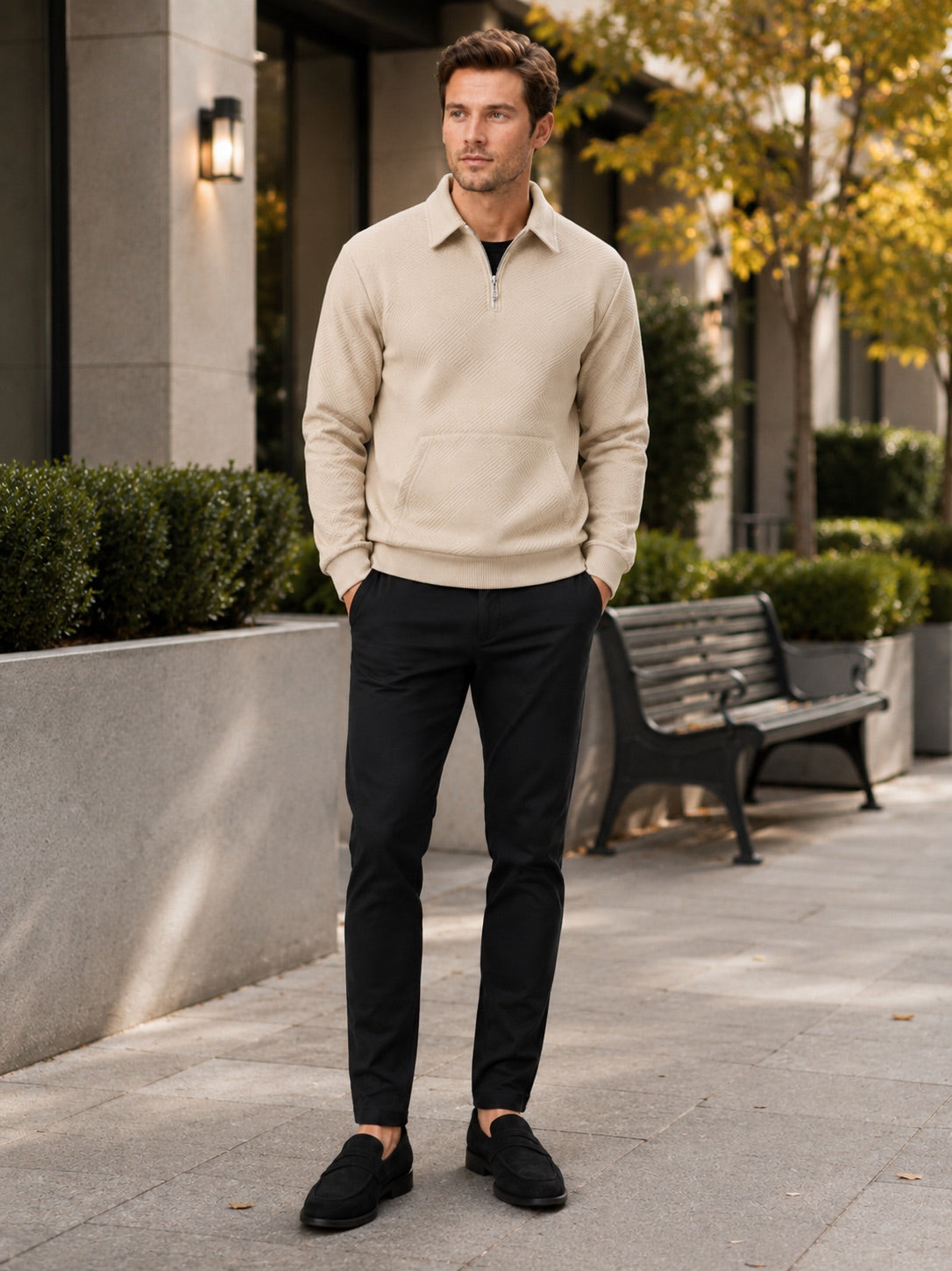 Men’s Quarter Zip Jumper Long Sleeve Solid Colour Autumn Pullover for Outdoor and Everyday Wear