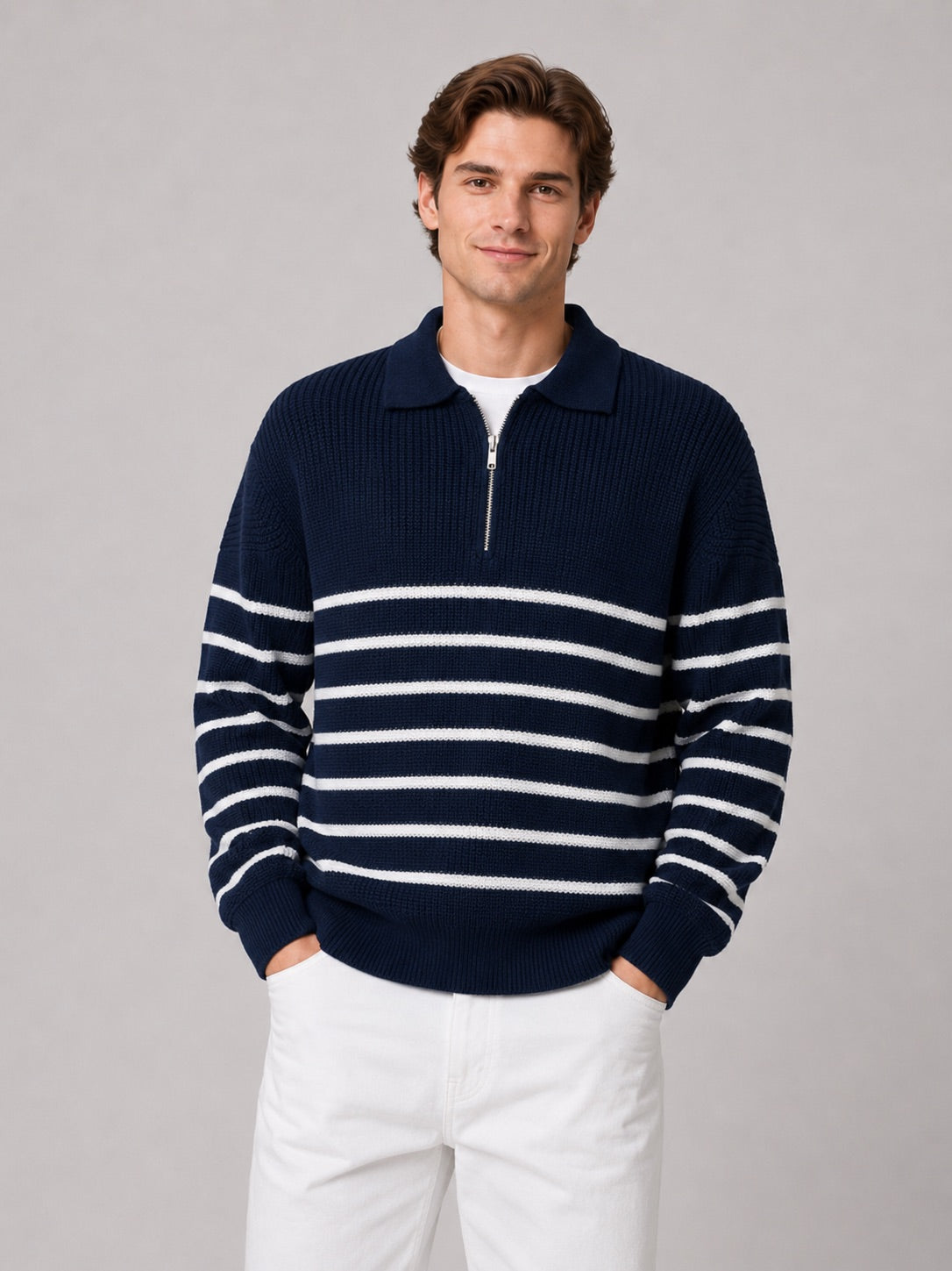 Men’s Quarter Zip Jumper Striped Loose Fit Lightweight Autumn Pullover for Casual and Everyday Wear