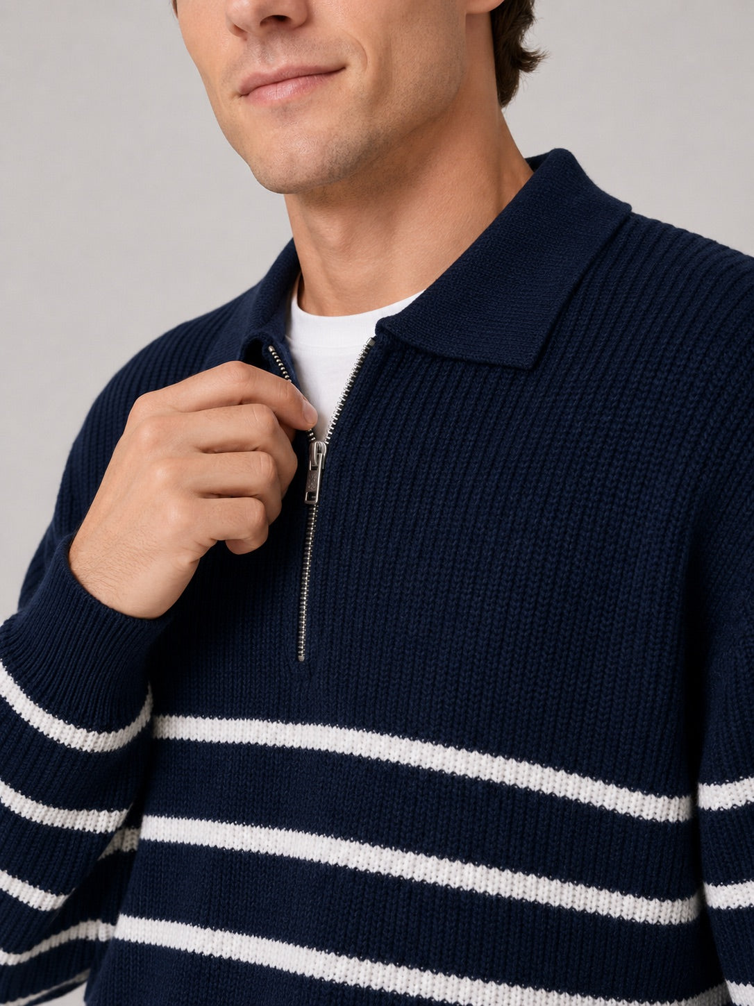 Men’s Quarter Zip Jumper Striped Loose Fit Lightweight Autumn Pullover for Casual and Everyday Wear