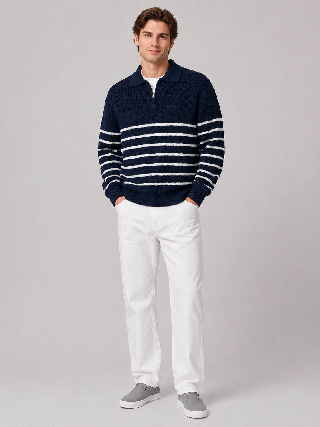 Men’s Quarter Zip Jumper Striped Loose Fit Lightweight Autumn Pullover for Casual and Everyday Wear