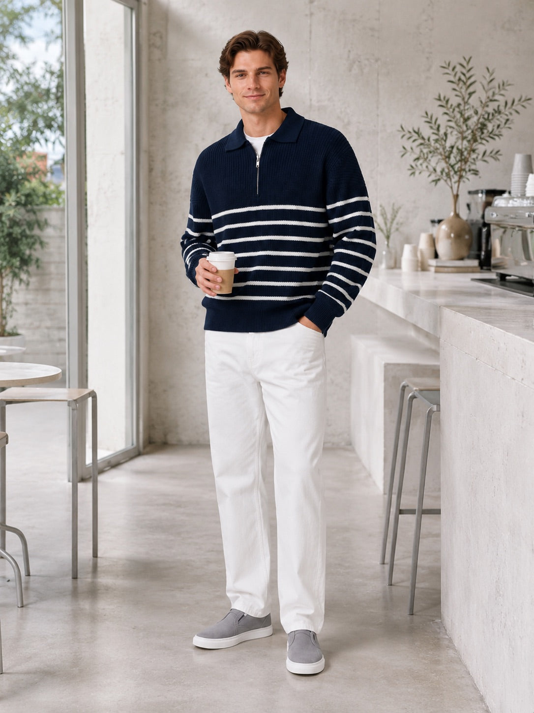 Men’s Quarter Zip Jumper Striped Loose Fit Lightweight Autumn Pullover for Casual and Everyday Wear