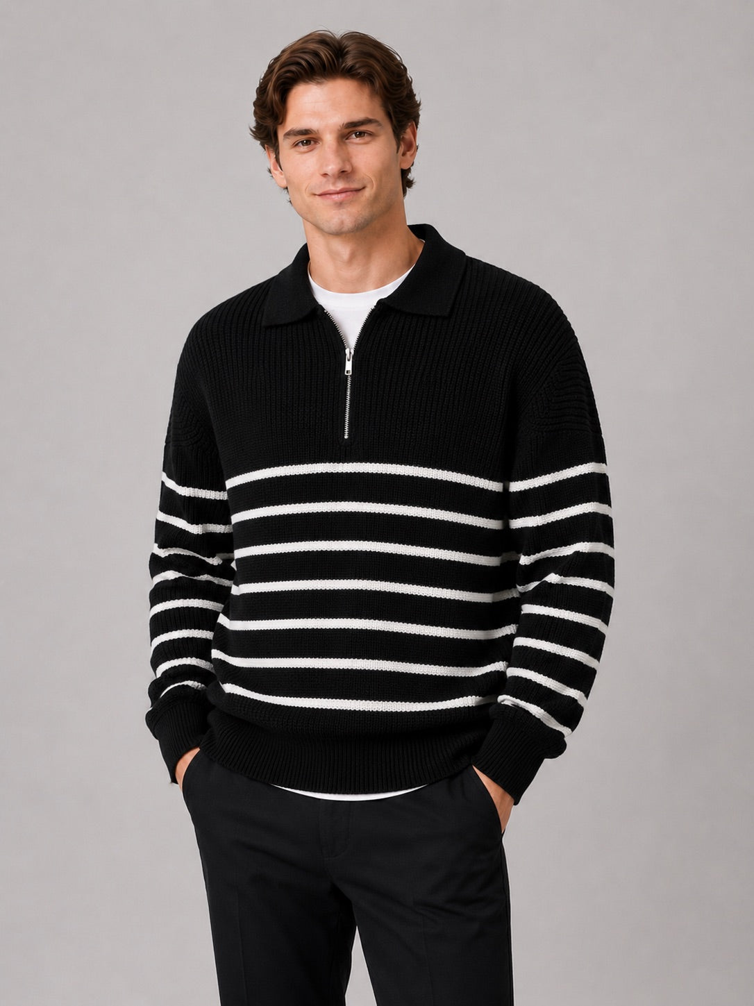 Men’s Quarter Zip Jumper Striped Loose Fit Lightweight Autumn Pullover for Casual and Everyday Wear
