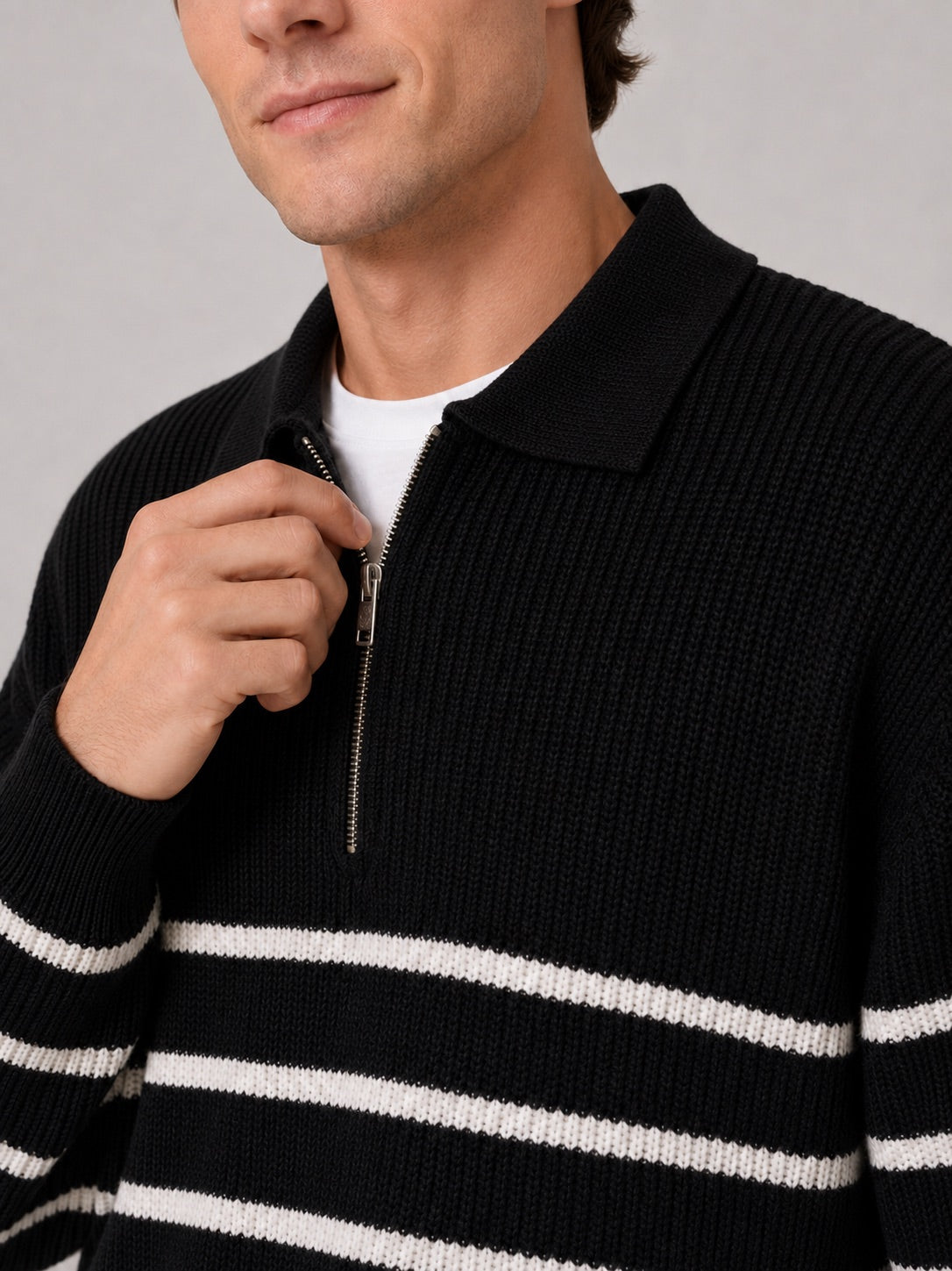Men’s Quarter Zip Jumper Striped Loose Fit Lightweight Autumn Pullover for Casual and Everyday Wear