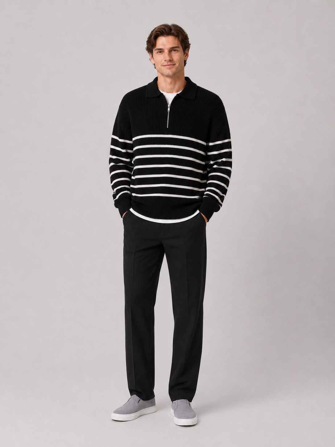 Men’s Quarter Zip Jumper Striped Loose Fit Lightweight Autumn Pullover for Casual and Everyday Wear