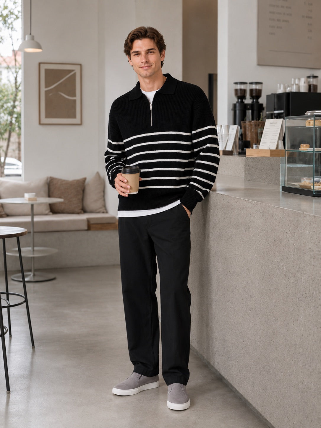 Men’s Quarter Zip Jumper Striped Loose Fit Lightweight Autumn Pullover for Casual and Everyday Wear
