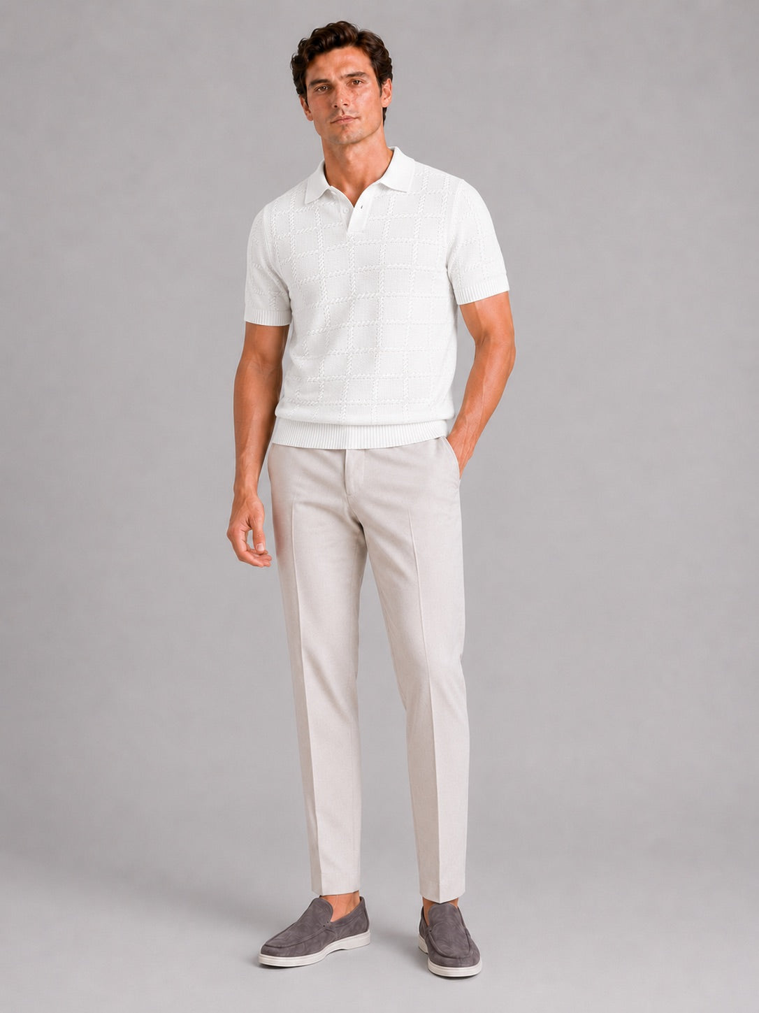 Men’s Jacquard Polo Shirt Short Sleeve Lapel Collar Lightweight Summer Top for Business Casual and Vacation Wear