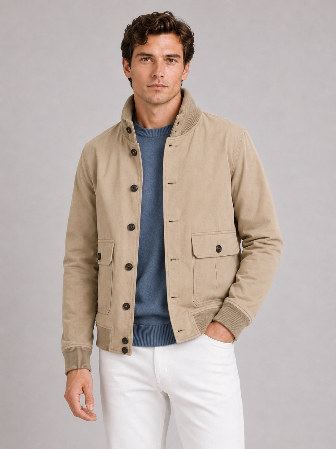 Men’s Cargo Autumn Jacket Patchwork Ribbed Stand Collar Autumn Winter Casual Jacket for Outdoor and Everyday Wear