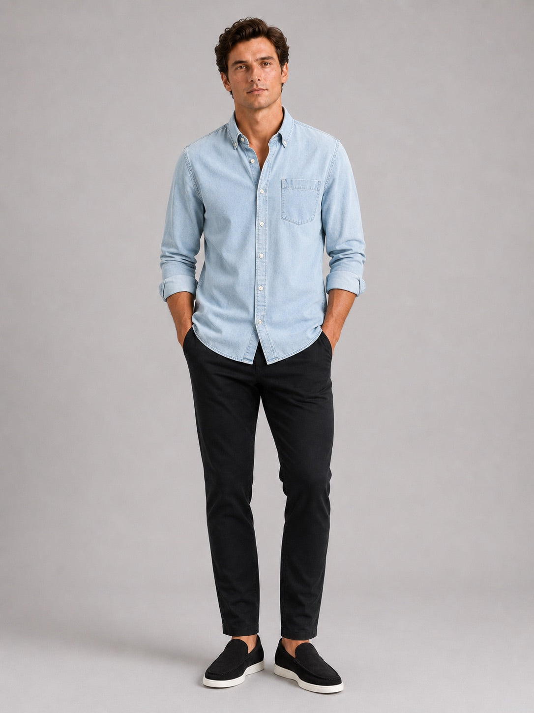 Men’s Denim Shirt Long Sleeve Button-Down Casual Summer Spring Autumn Shirt for Everyday Wear