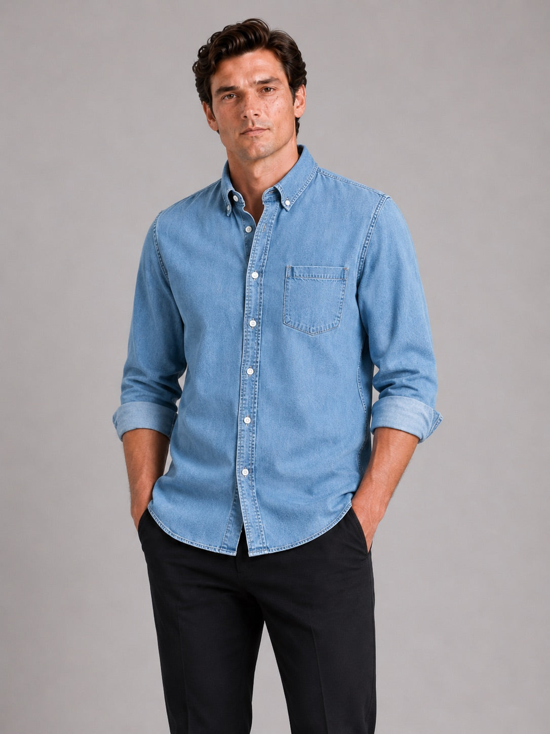 Men’s Denim Shirt Long Sleeve Button-Down Casual Summer Spring Autumn Shirt for Everyday Wear