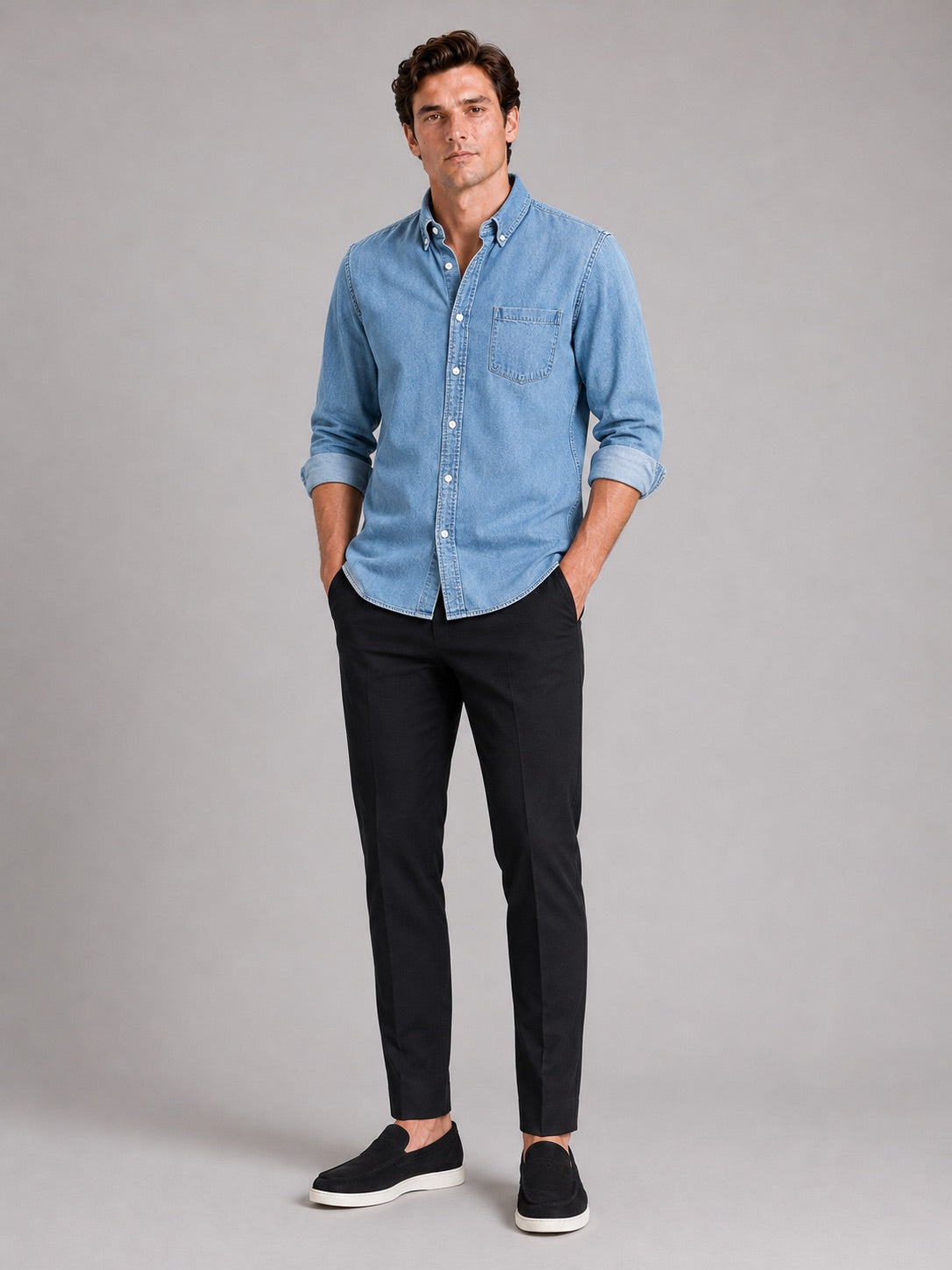 Men’s Denim Shirt Long Sleeve Button-Down Casual Summer Spring Autumn Shirt for Everyday Wear