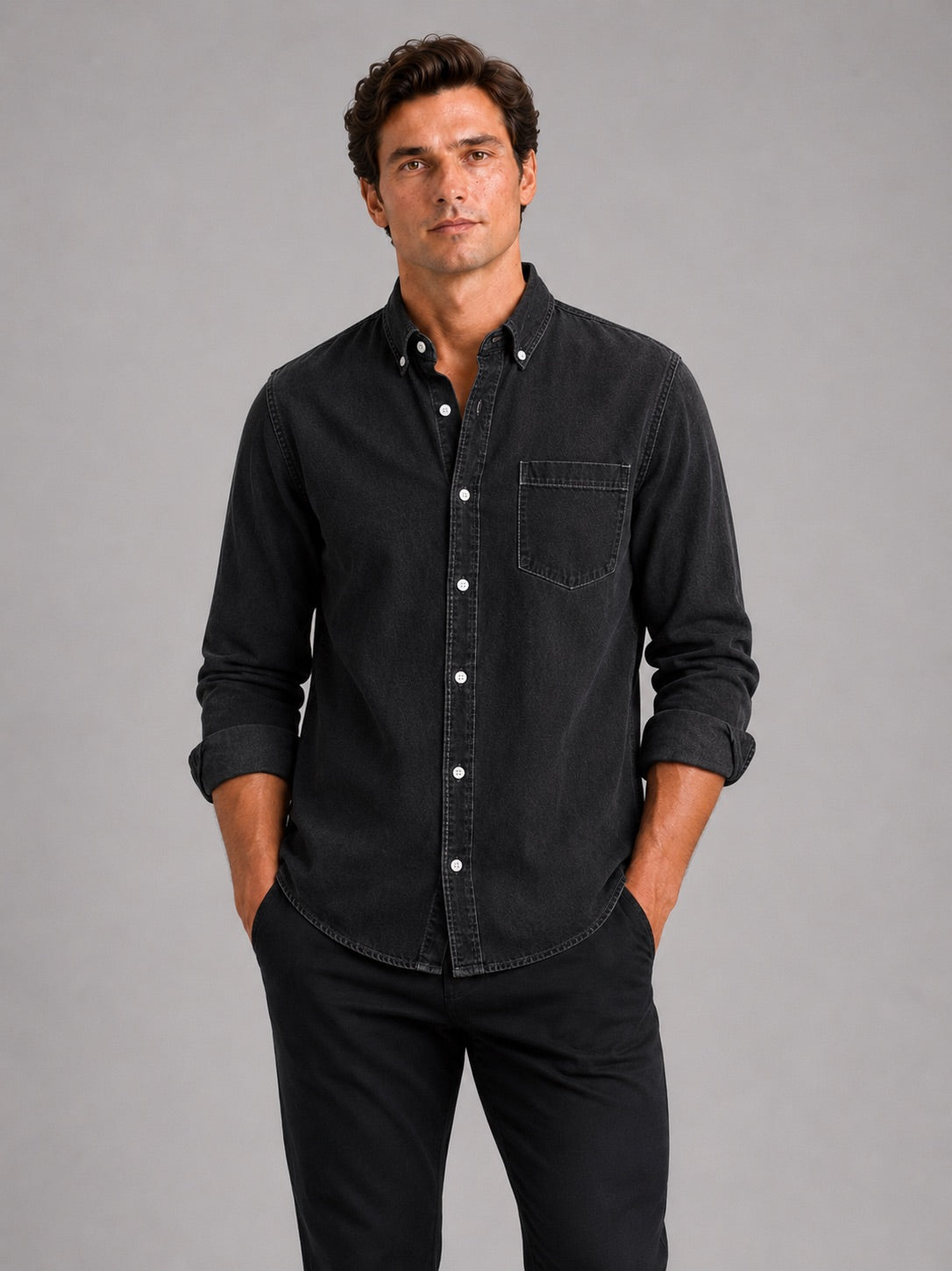 Men’s Denim Shirt Long Sleeve Button-Down Casual Summer Spring Autumn Shirt for Everyday Wear