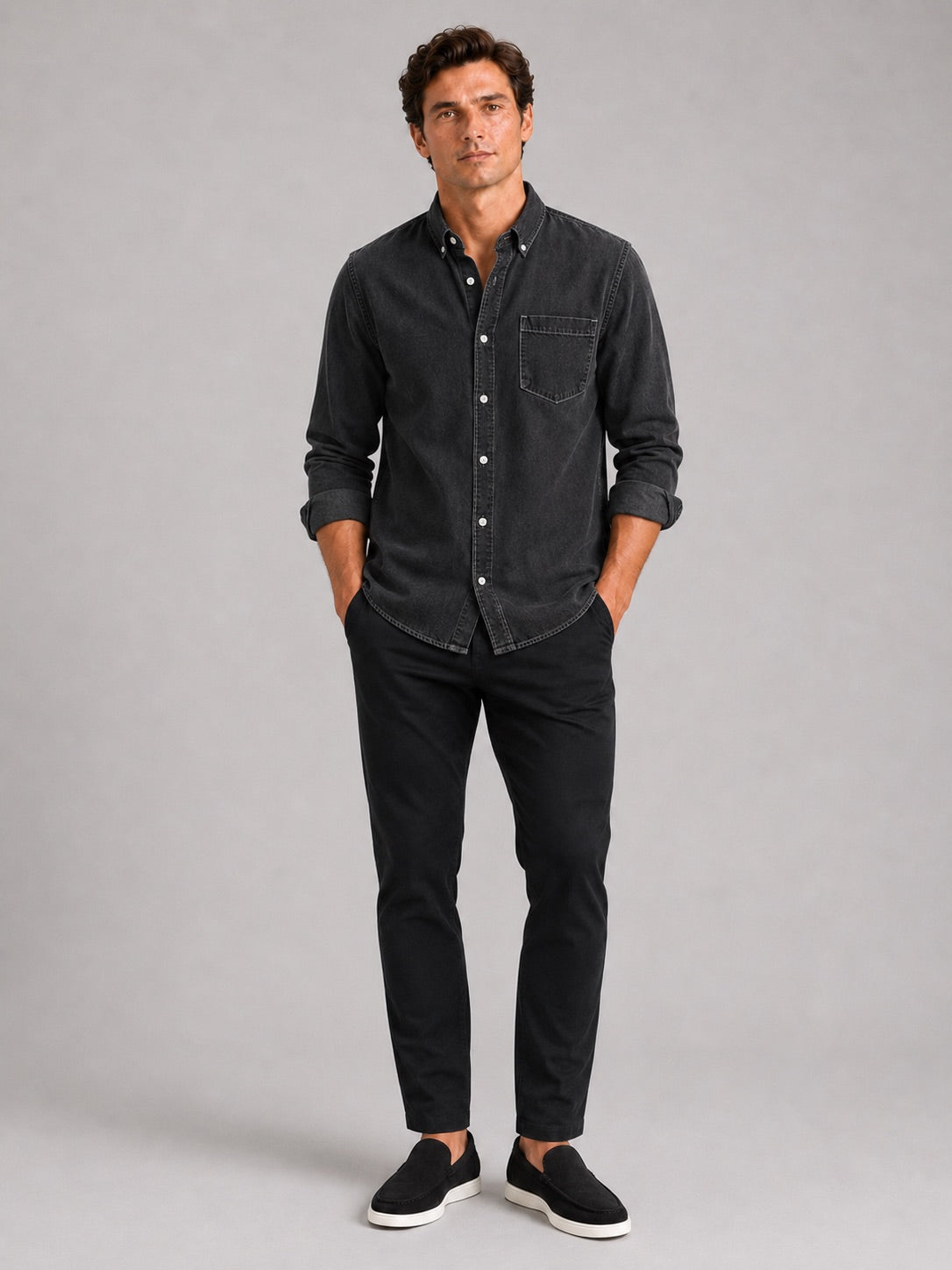 Men’s Denim Shirt Long Sleeve Button-Down Casual Summer Spring Autumn Shirt for Everyday Wear
