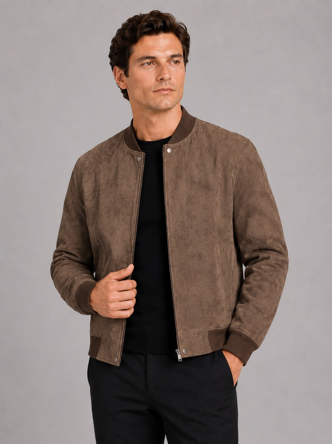 Men’s Suede Bomber Autumn Jacket Stand Collar Windproof Moto Jacket Autumn Casual Outerwear for Everyday and Travel Wear