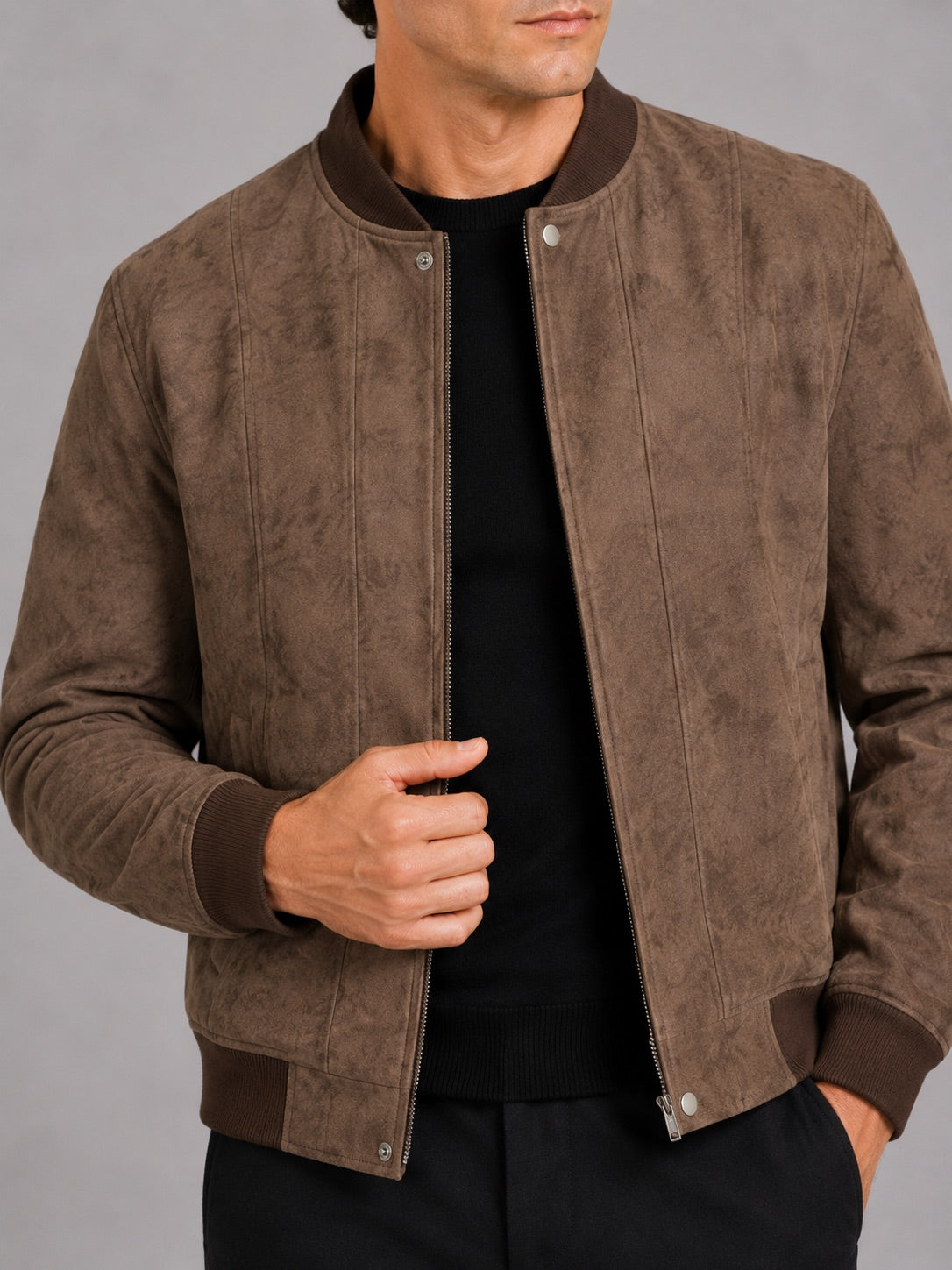 Men’s Suede Bomber Autumn Jacket Stand Collar Windproof Moto Jacket Autumn Casual Outerwear for Everyday and Travel Wear