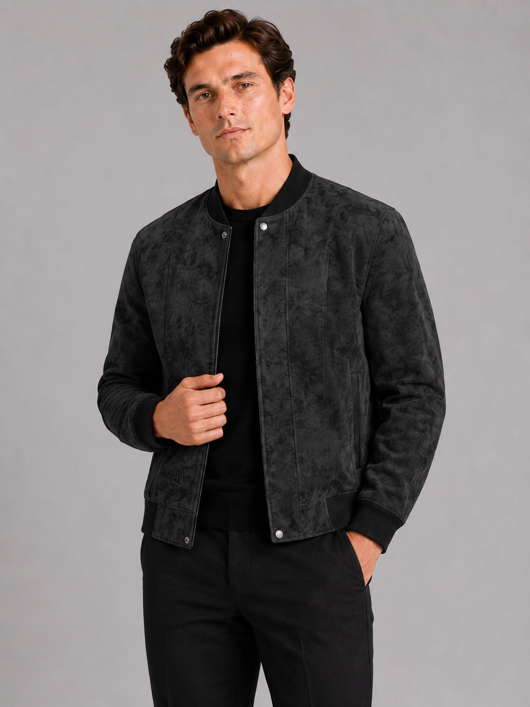 Men’s Suede Bomber Autumn Jacket Stand Collar Windproof Moto Jacket Autumn Casual Outerwear for Everyday and Travel Wear