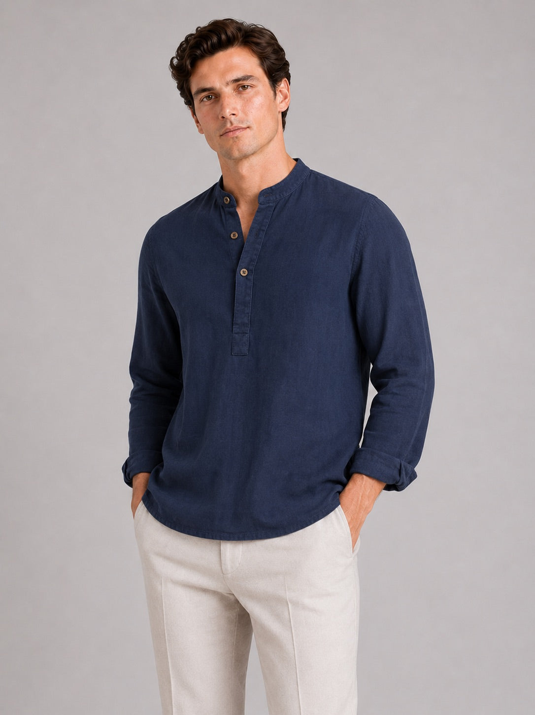 Men’s Band Collar Shirt Long Sleeve Breathable Loose Fit Summer Casual Top for Vacation and Everyday Wear