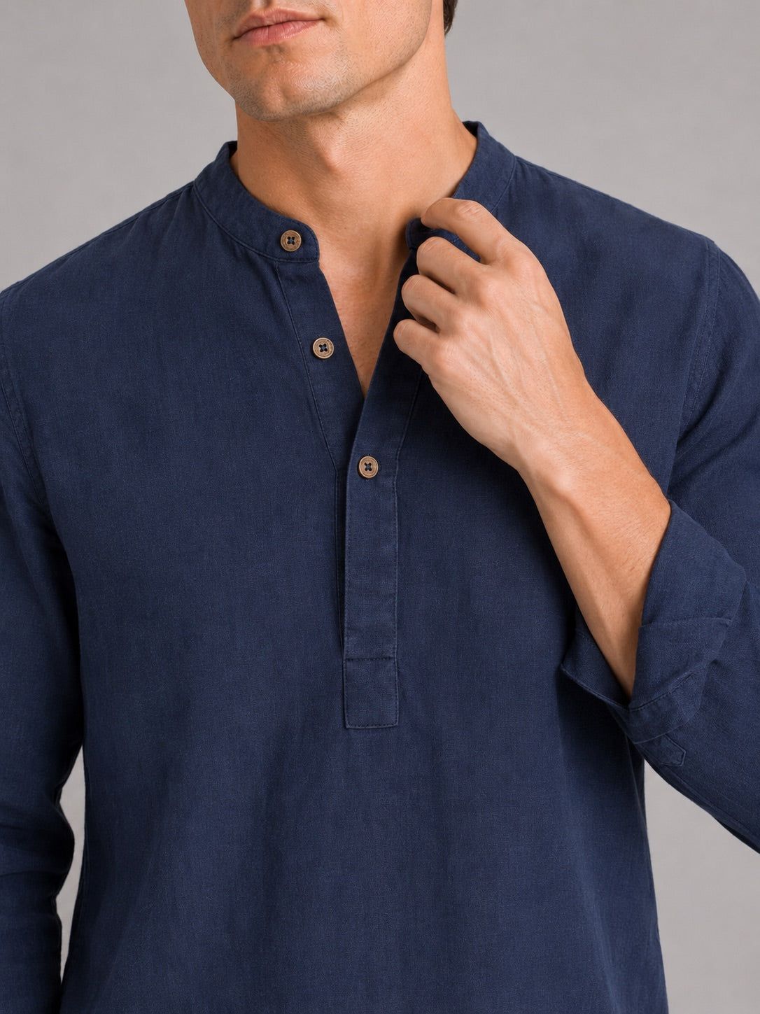 Men’s Band Collar Shirt Long Sleeve Breathable Loose Fit Summer Casual Top for Vacation and Everyday Wear