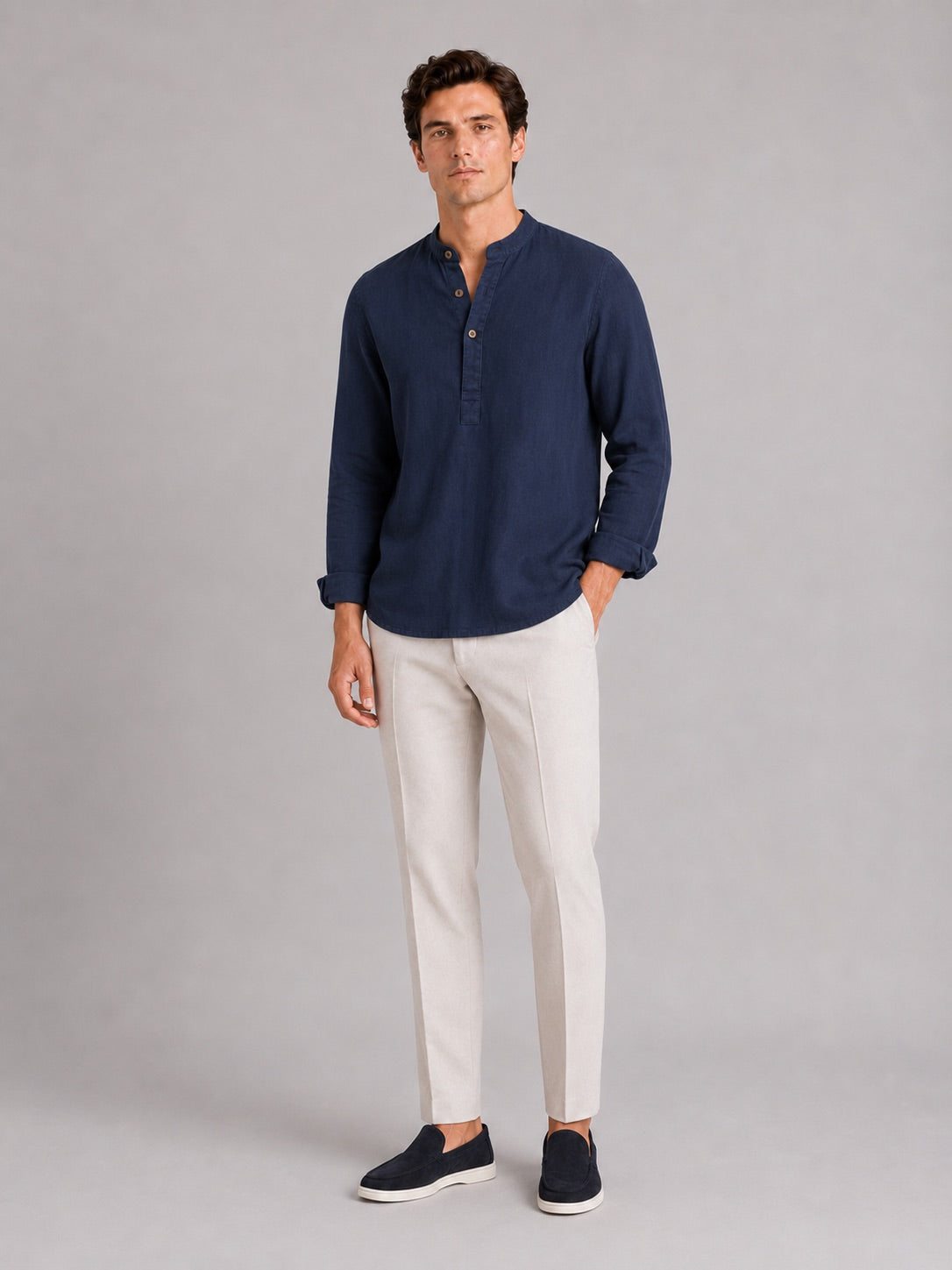 Men’s Band Collar Shirt Long Sleeve Breathable Loose Fit Summer Casual Top for Vacation and Everyday Wear