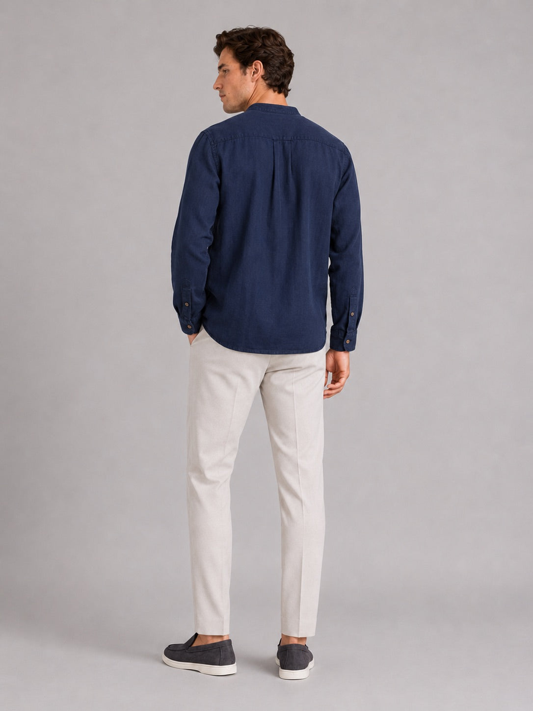 Men’s Band Collar Shirt Long Sleeve Breathable Loose Fit Summer Casual Top for Vacation and Everyday Wear
