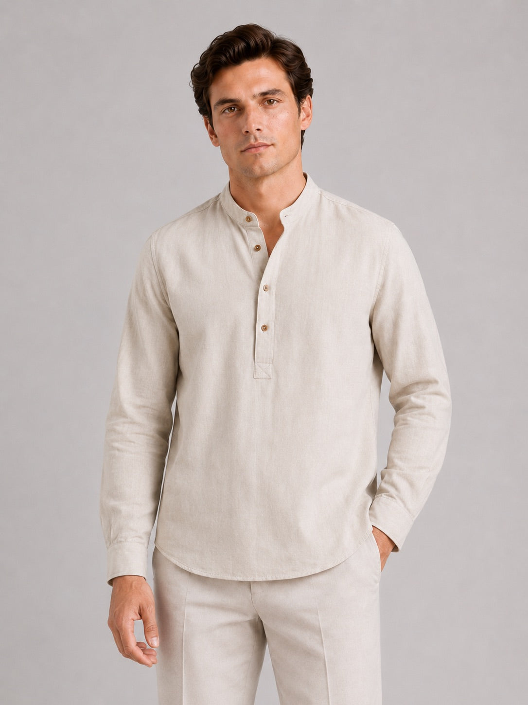 Men’s Band Collar Shirt Long Sleeve Breathable Loose Fit Summer Casual Top for Vacation and Everyday Wear