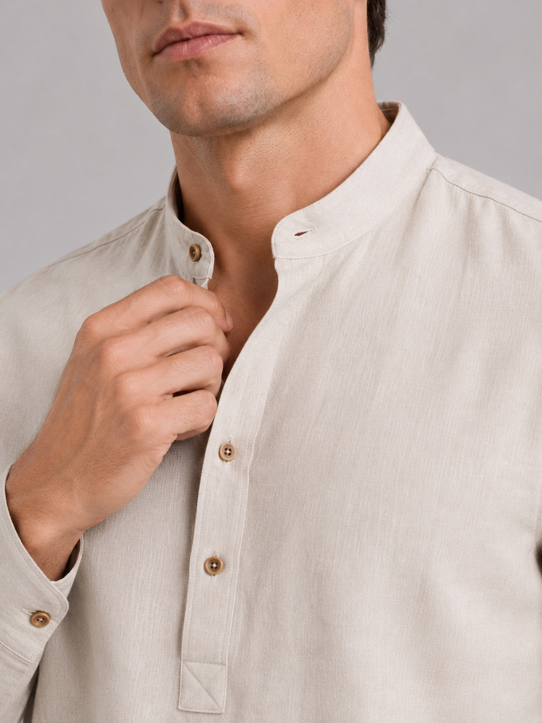 Men’s Band Collar Shirt Long Sleeve Breathable Loose Fit Summer Casual Top for Vacation and Everyday Wear