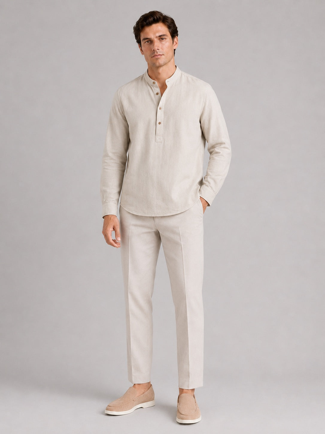 Men’s Band Collar Shirt Long Sleeve Breathable Loose Fit Summer Casual Top for Vacation and Everyday Wear