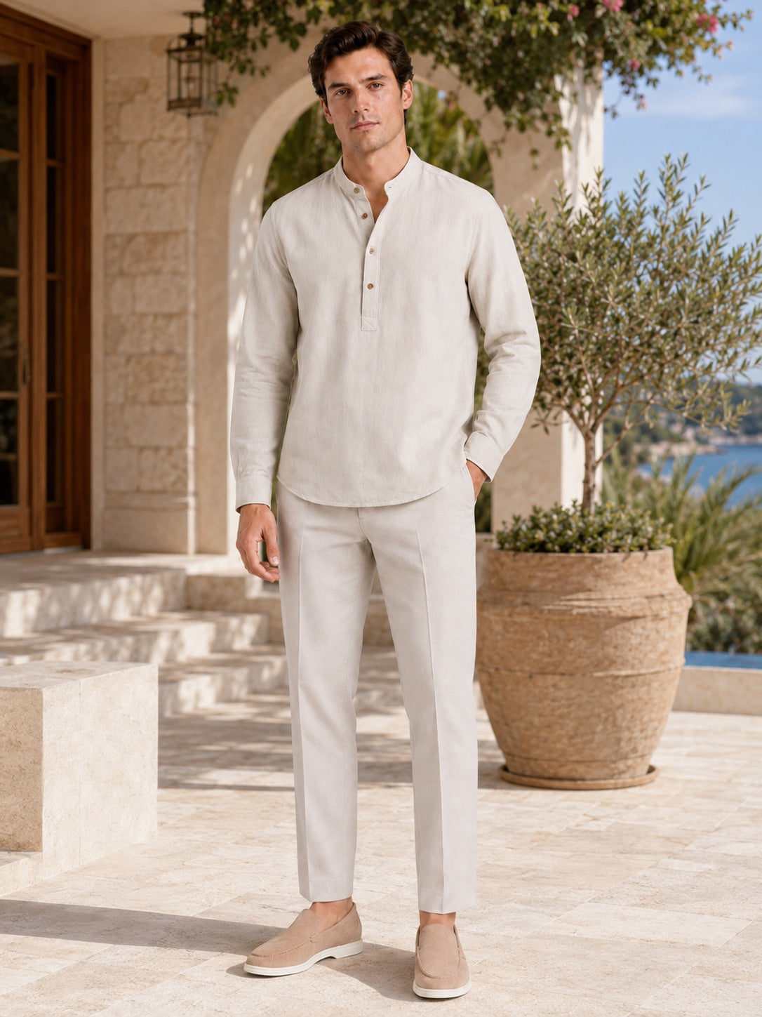 Men’s Band Collar Shirt Long Sleeve Breathable Loose Fit Summer Casual Top for Vacation and Everyday Wear
