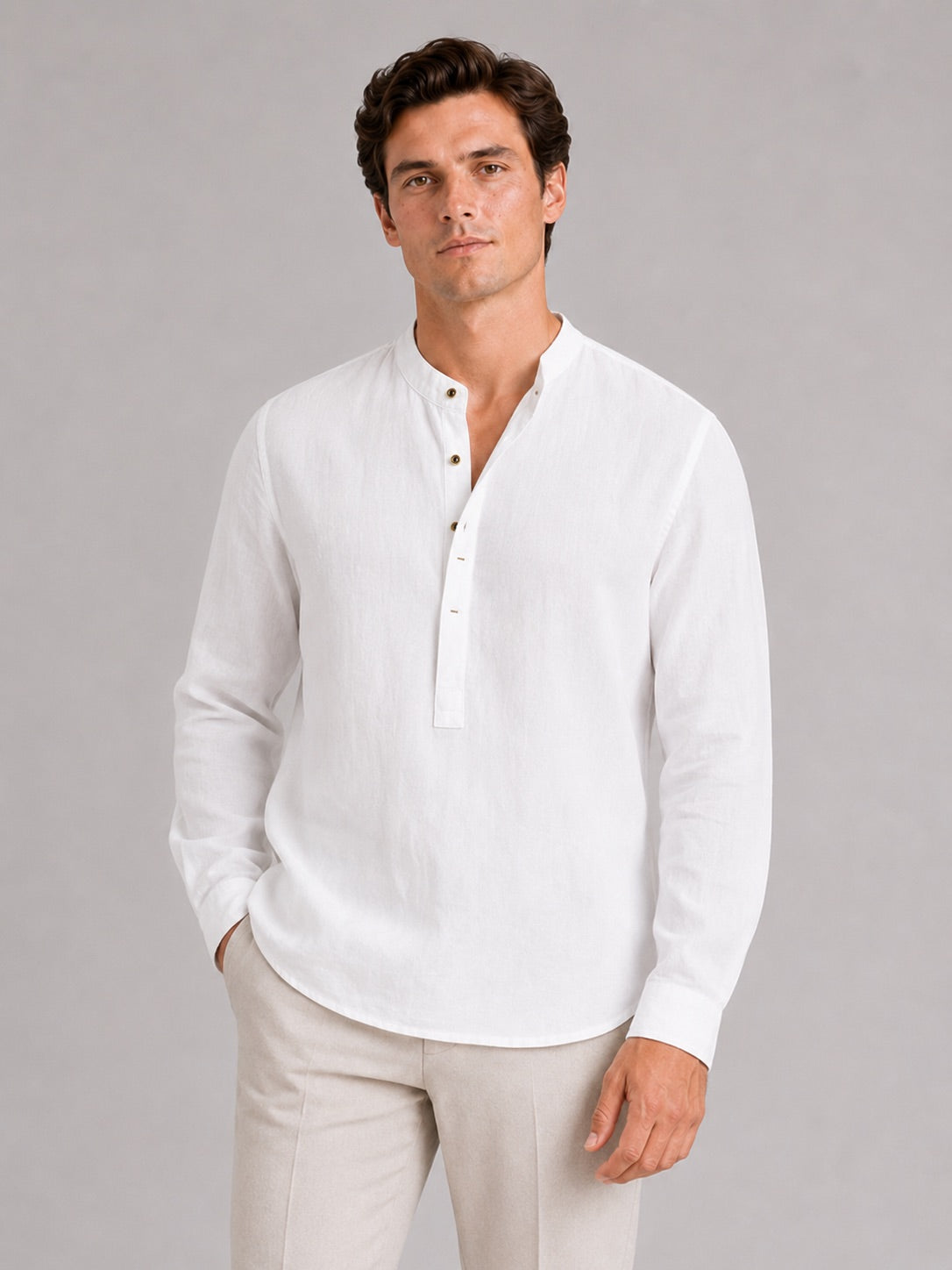 Men’s Band Collar Shirt Long Sleeve Breathable Loose Fit Summer Casual Top for Vacation and Everyday Wear