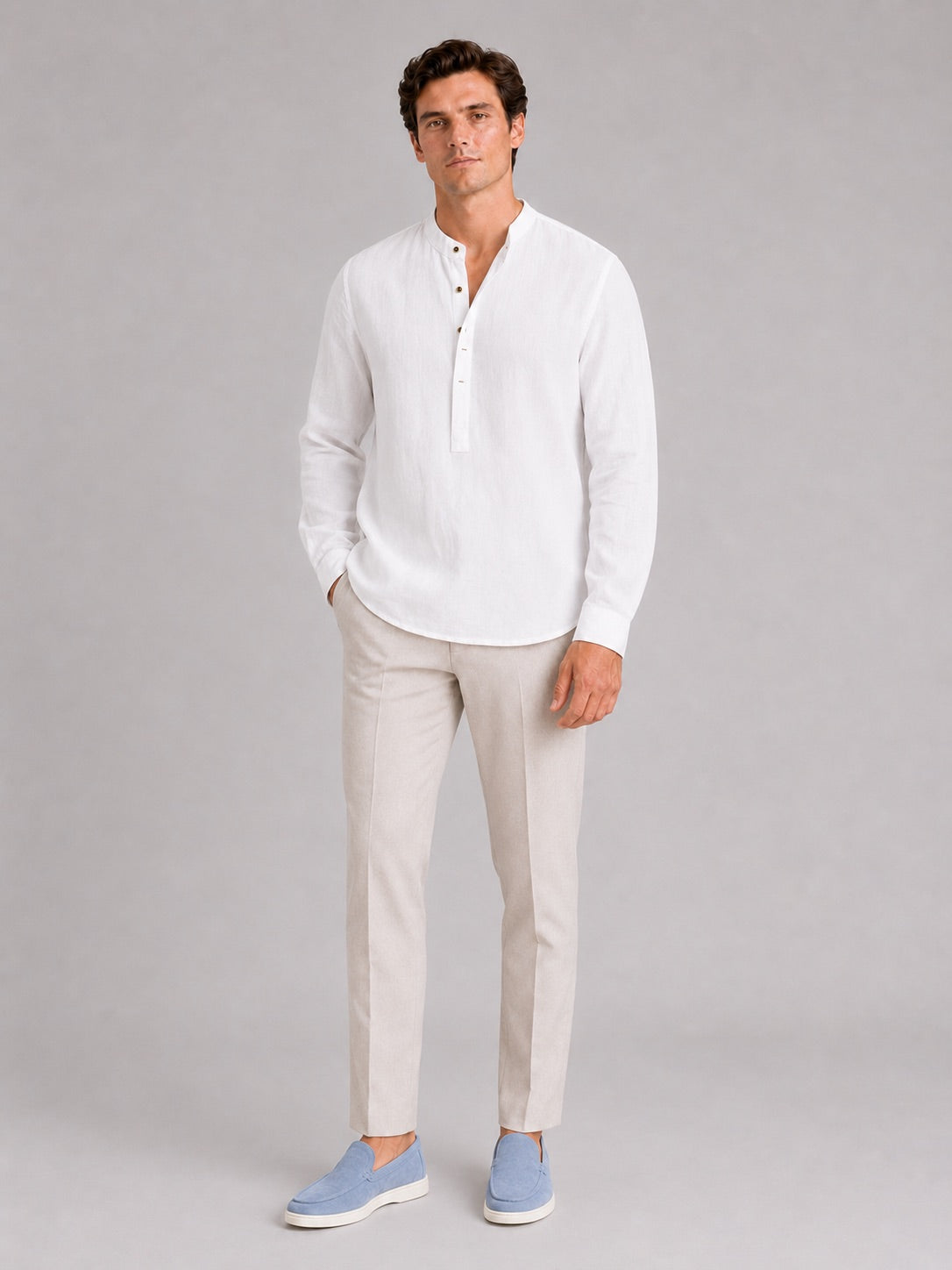 Men’s Band Collar Shirt Long Sleeve Breathable Loose Fit Summer Casual Top for Vacation and Everyday Wear
