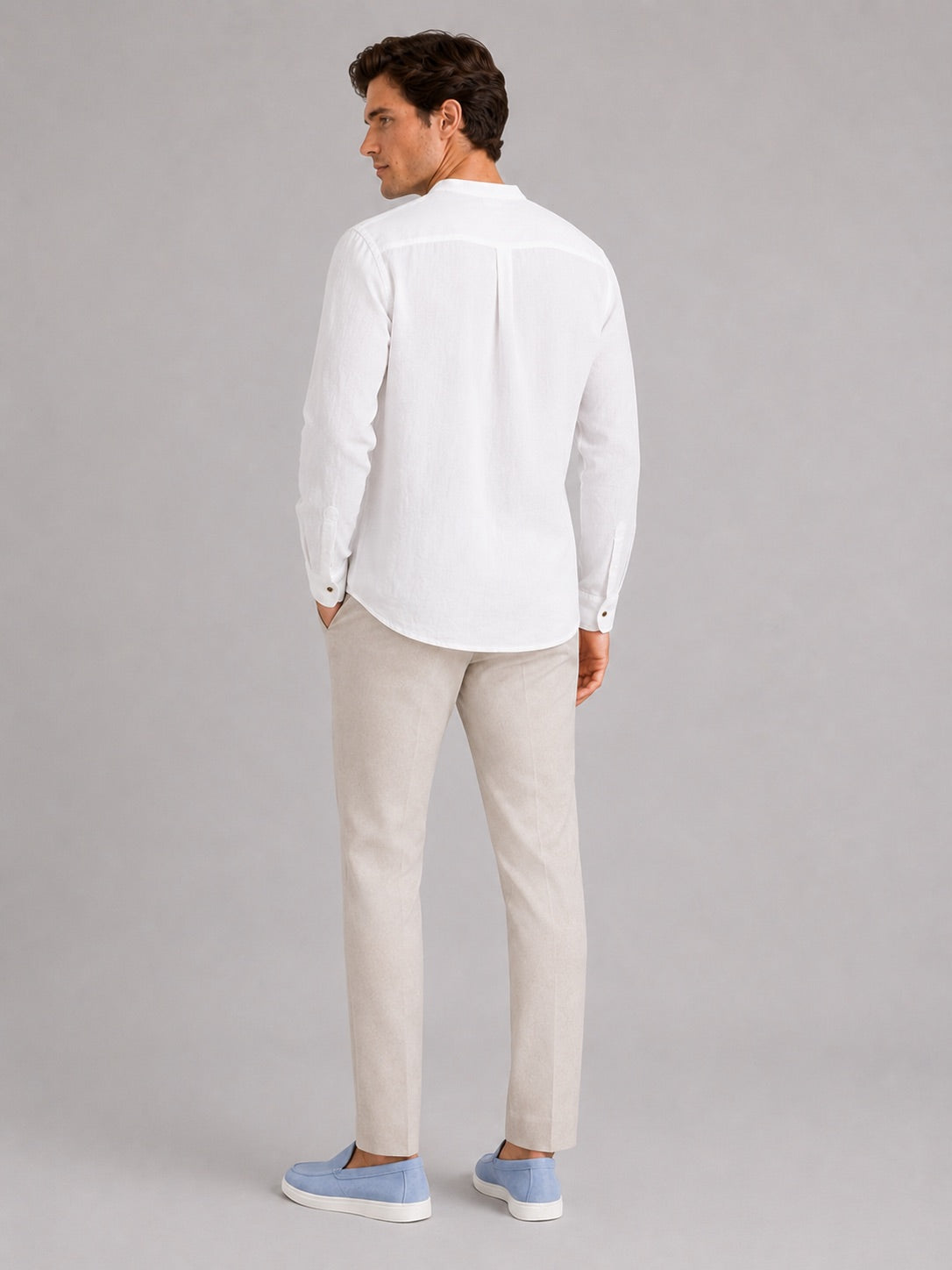 Men’s Band Collar Shirt Long Sleeve Breathable Loose Fit Summer Casual Top for Vacation and Everyday Wear