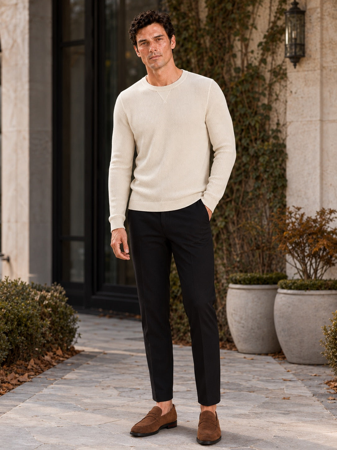 Men’s Waffle Knit Shirt Long Sleeve Crewneck Autumn Winter Base Layer for Casual and Everyday Wear