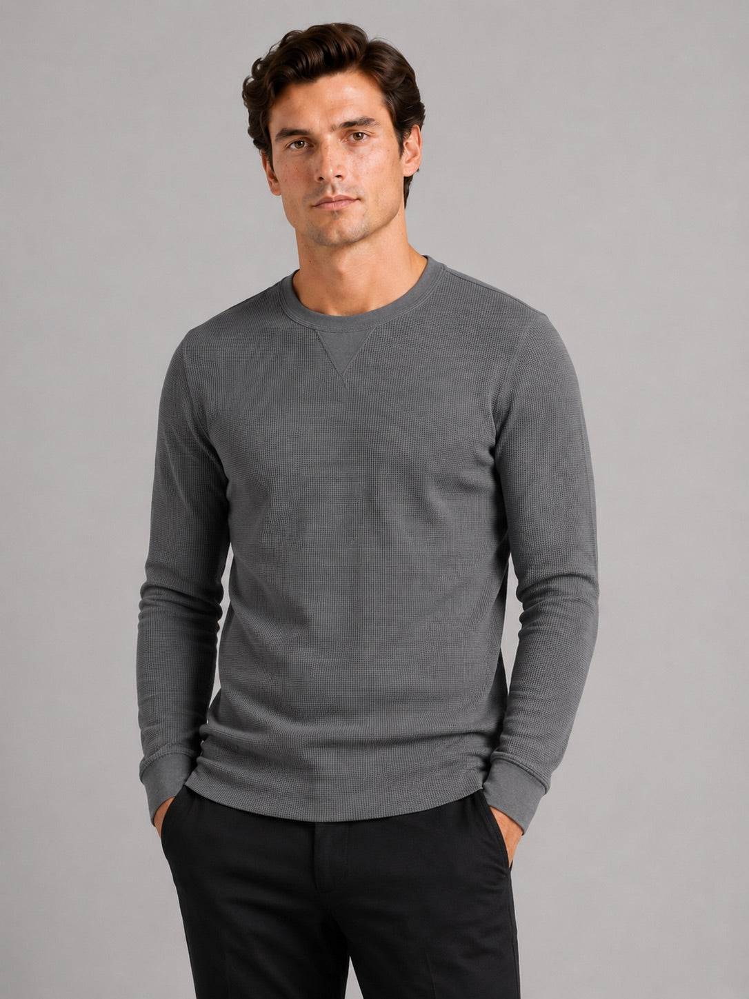 Men’s Waffle Knit Shirt Long Sleeve Crewneck Autumn Winter Base Layer for Casual and Everyday Wear