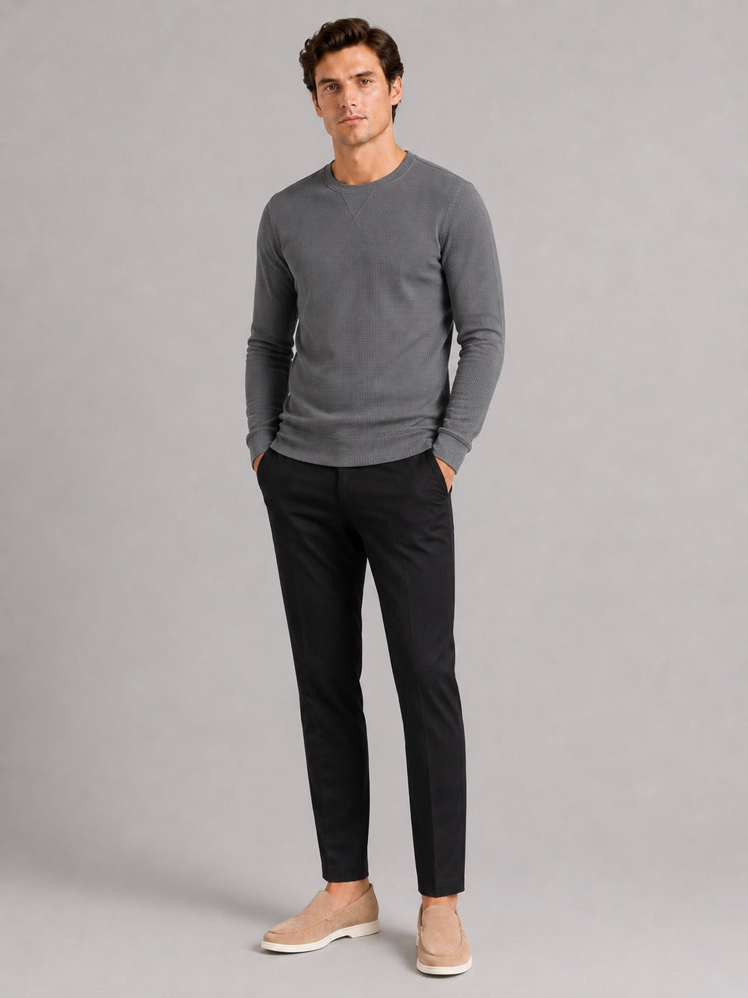 Men’s Waffle Knit Shirt Long Sleeve Crewneck Autumn Winter Base Layer for Casual and Everyday Wear