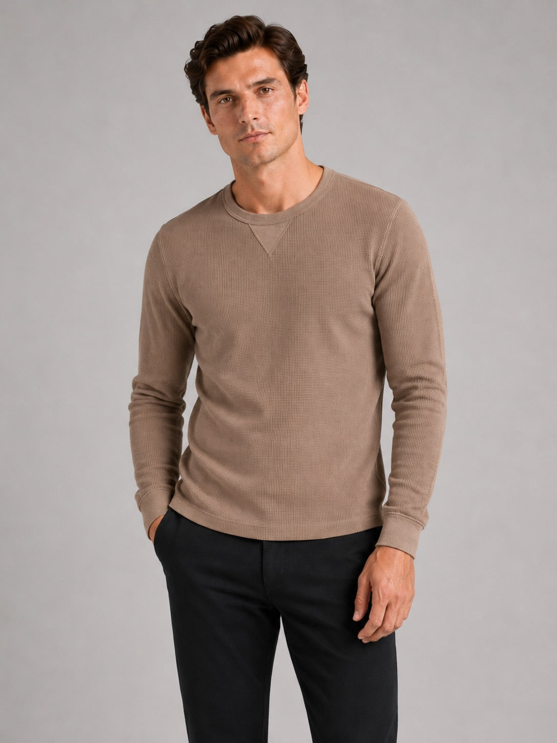 Men’s Waffle Knit Shirt Long Sleeve Crewneck Autumn Winter Base Layer for Casual and Everyday Wear