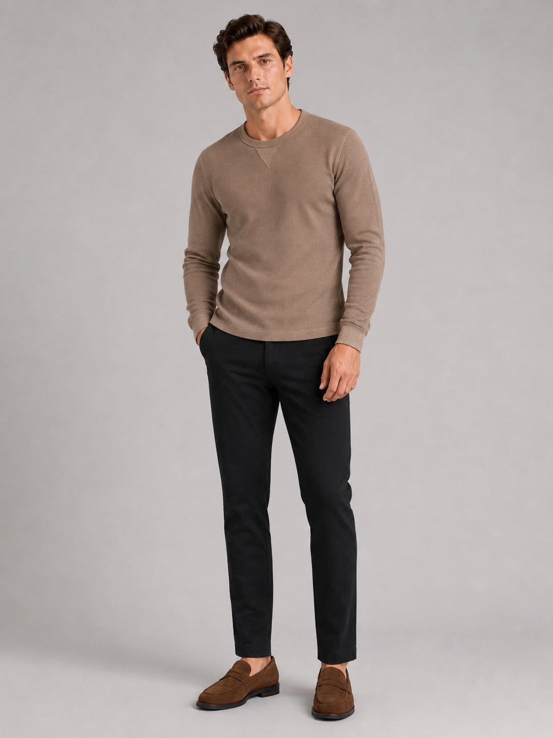 Men’s Waffle Knit Shirt Long Sleeve Crewneck Autumn Winter Base Layer for Casual and Everyday Wear