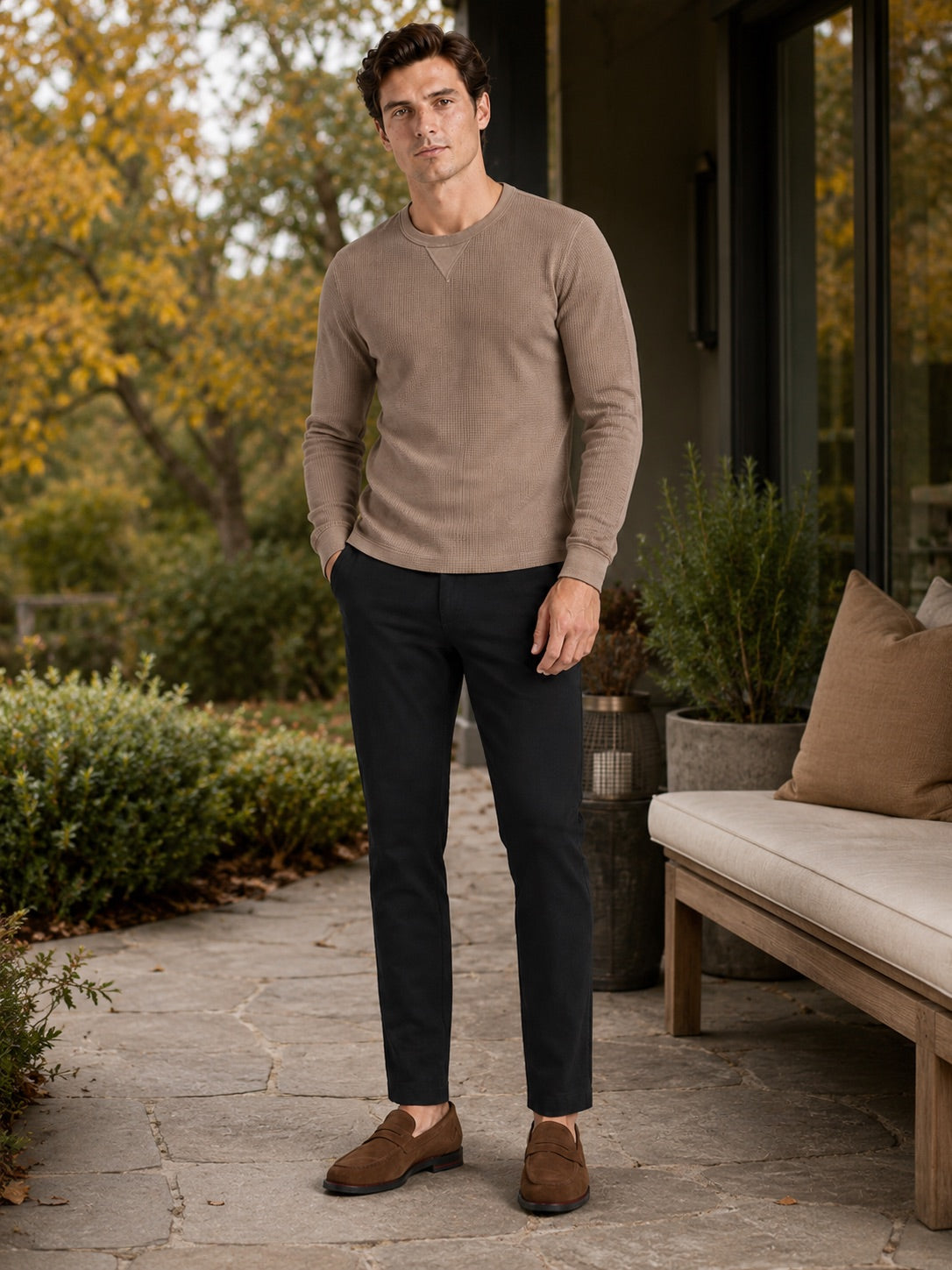 Men’s Waffle Knit Shirt Long Sleeve Crewneck Autumn Winter Base Layer for Casual and Everyday Wear