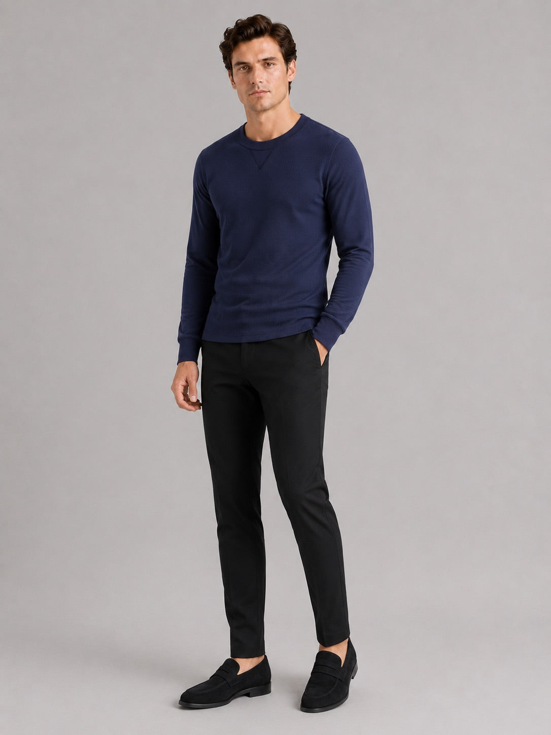 Men’s Waffle Knit Shirt Long Sleeve Crewneck Autumn Winter Base Layer for Casual and Everyday Wear