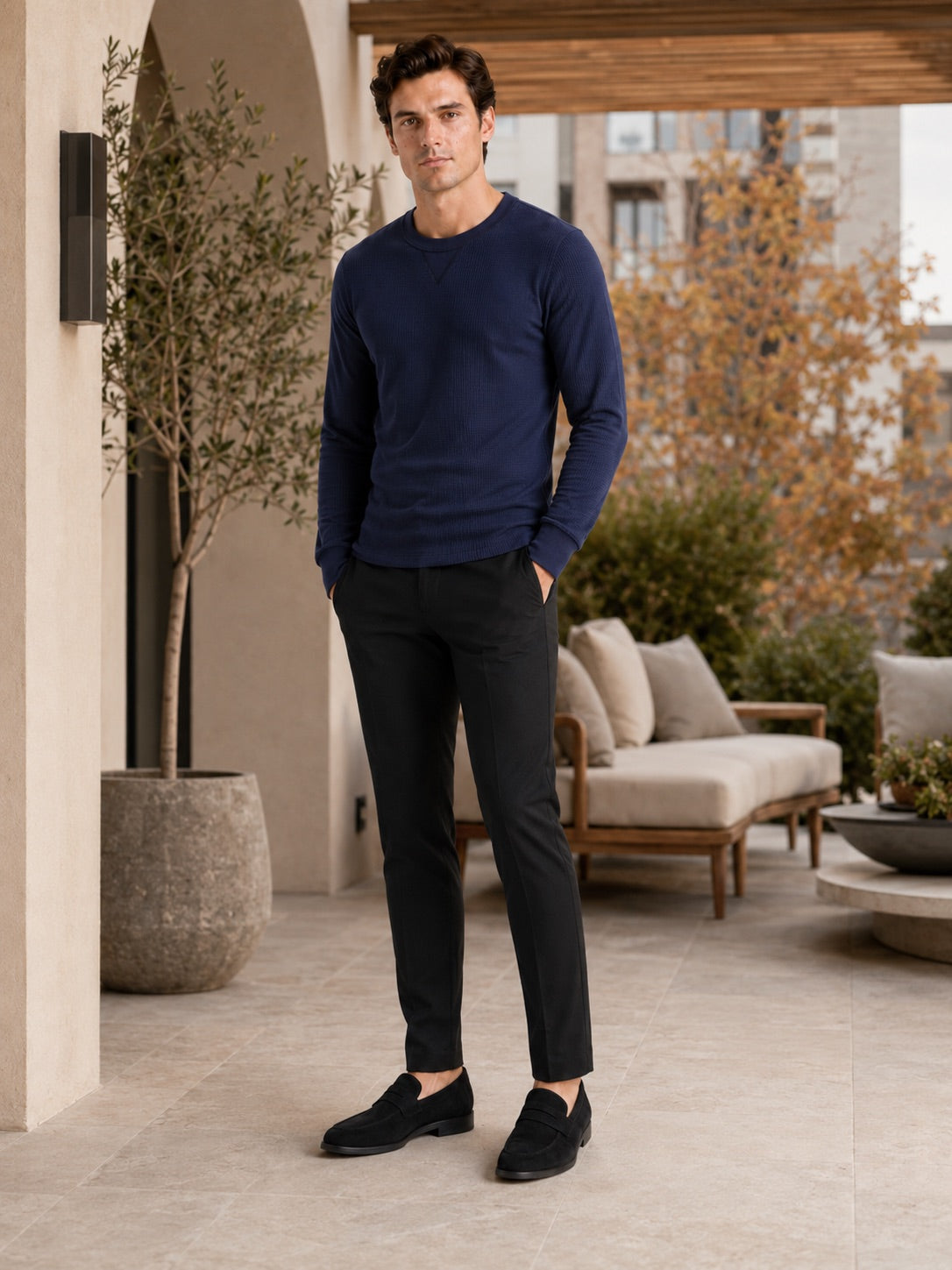 Men’s Waffle Knit Shirt Long Sleeve Crewneck Autumn Winter Base Layer for Casual and Everyday Wear