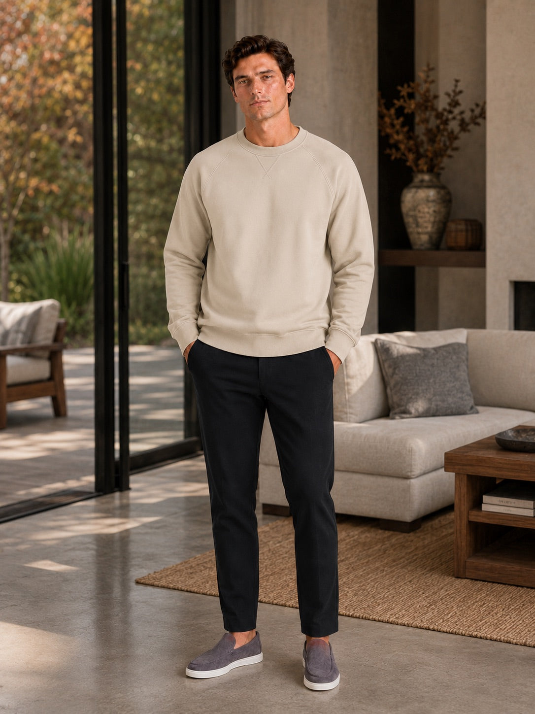 Men’s Heavyweight Crewneck Jumper 100% Cotton Long Sleeve Autumn Casual Pullover for Sports and Everyday Wear