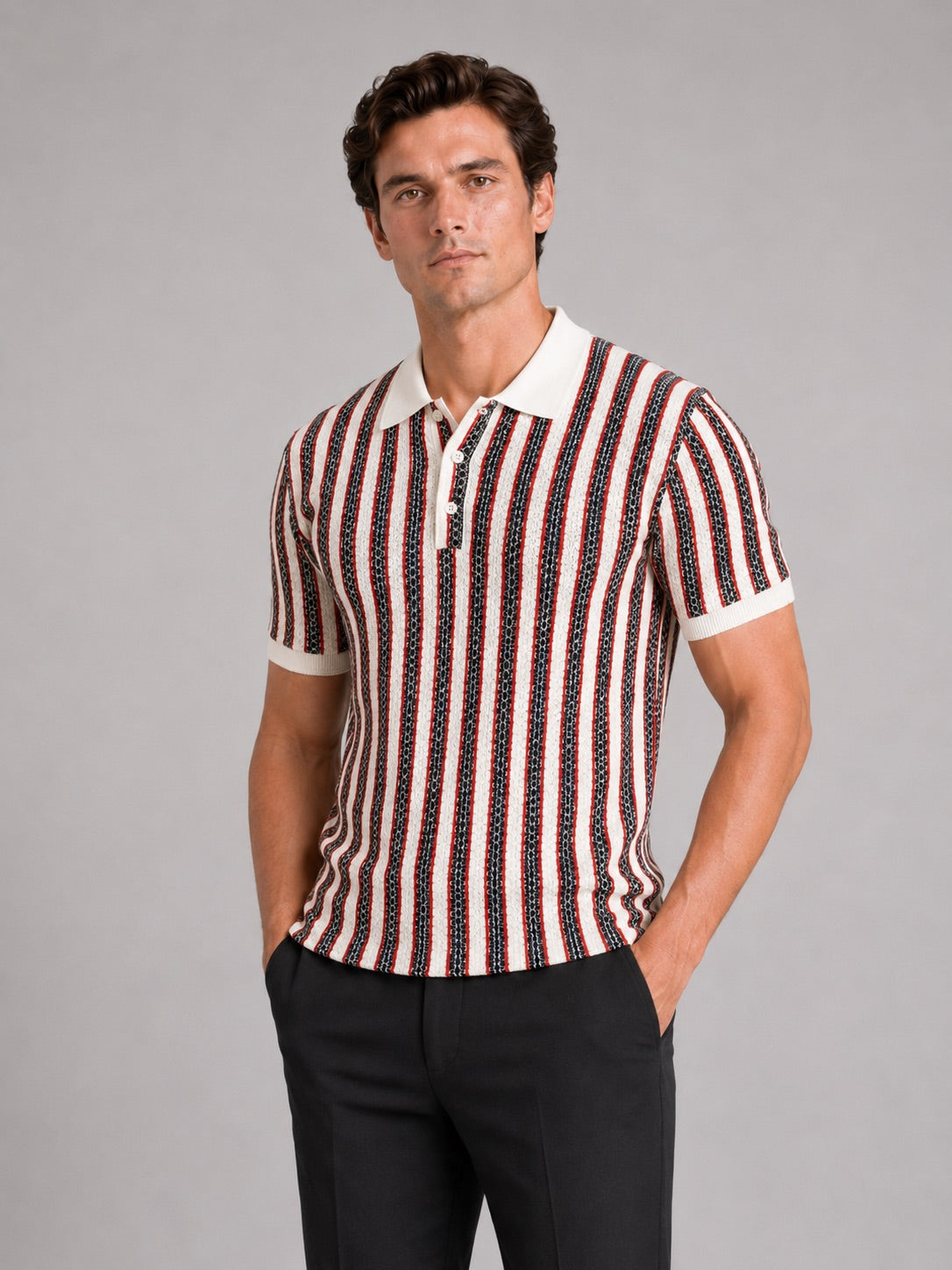 Men’s Striped Ice Silk Polo Shirt Short Sleeve Breathable Lightweight Summer Polo for Casual Outdoor and Vacation Wear