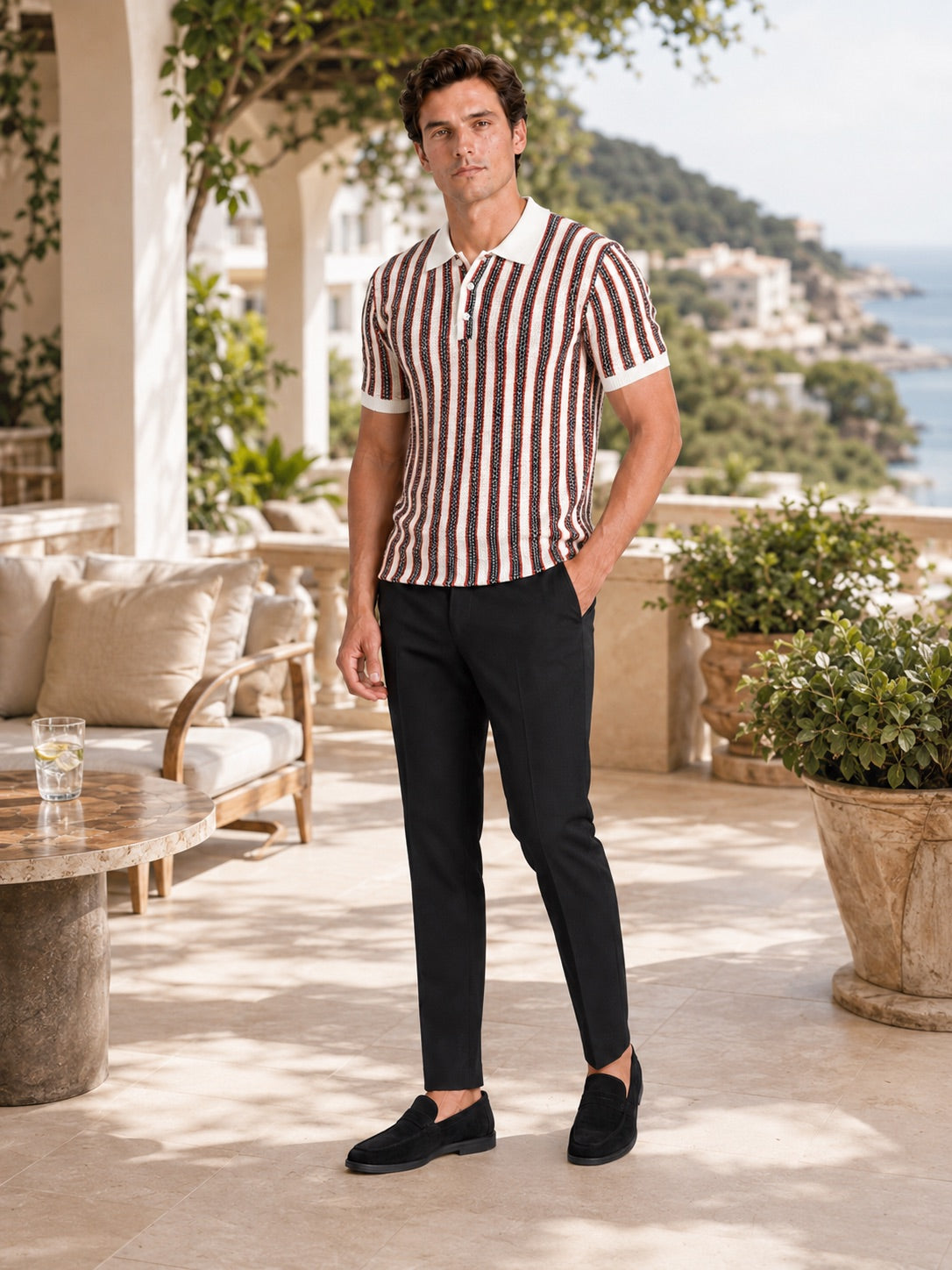 Men’s Striped Ice Silk Polo Shirt Short Sleeve Breathable Lightweight Summer Polo for Casual Outdoor and Vacation Wear